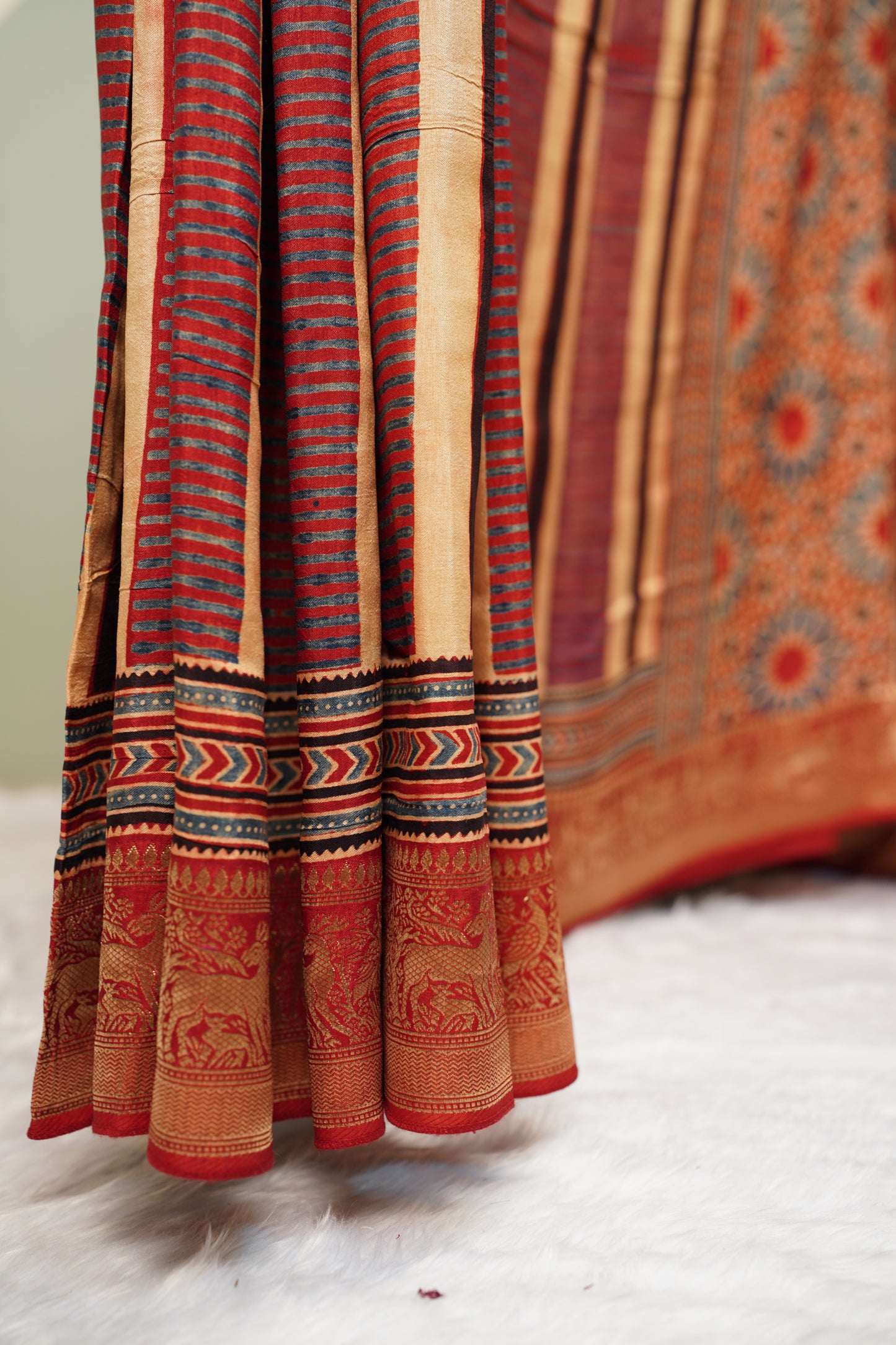 Ajrakh Red border Saree with Zari Border & Red color Mirror Work Blouse