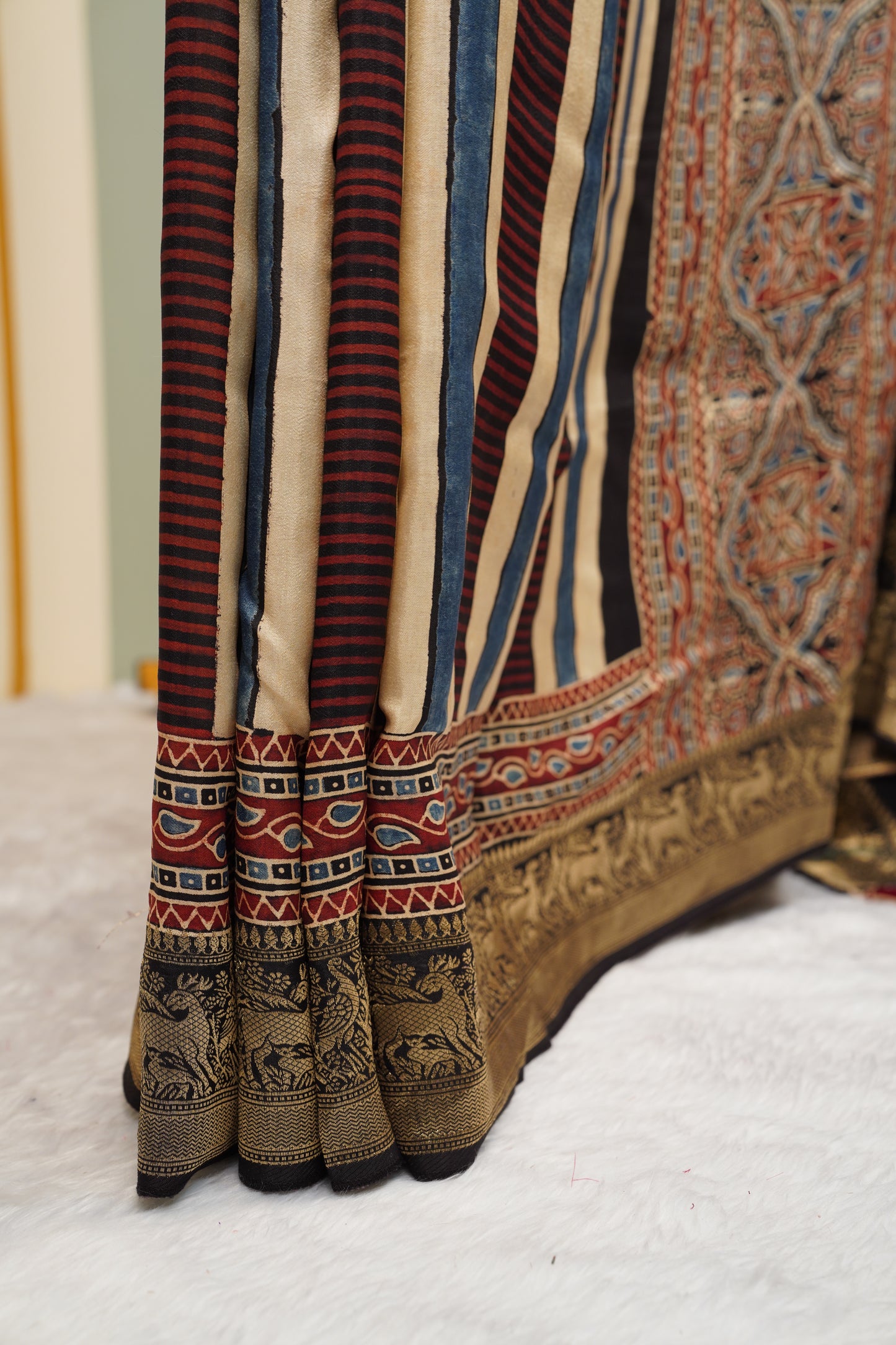 Ajrakh Black border Saree with Zari Border & Black color Mirror Work Blouse