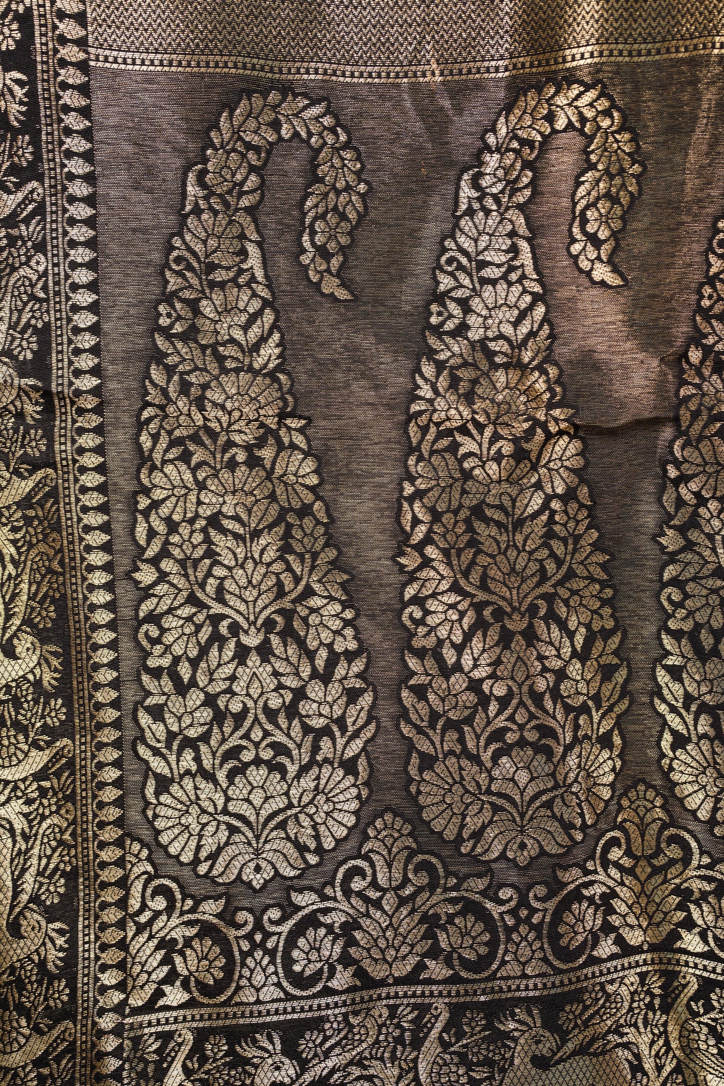 Ajrakh Black border Saree with Zari Border & Black color Mirror Work Blouse