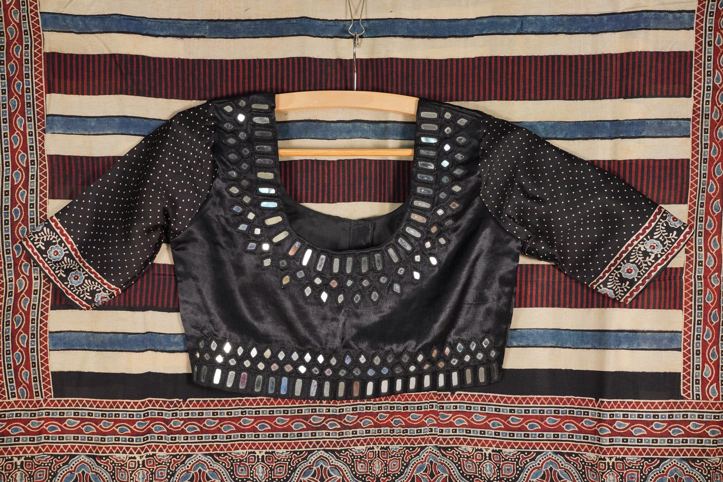 Ajrakh Black border Saree with Zari Border & Black color Mirror Work Blouse