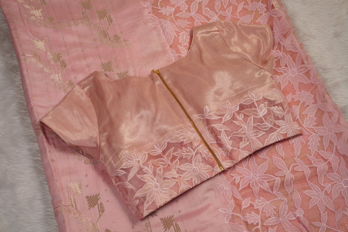 Tussar tissue Saree with a Self-Embroidery Border- Light Pink
