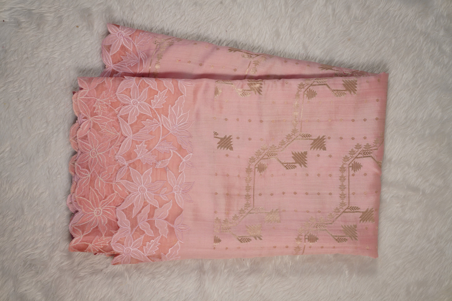 Tussar tissue Saree with a Self-Embroidery Border- Light Pink