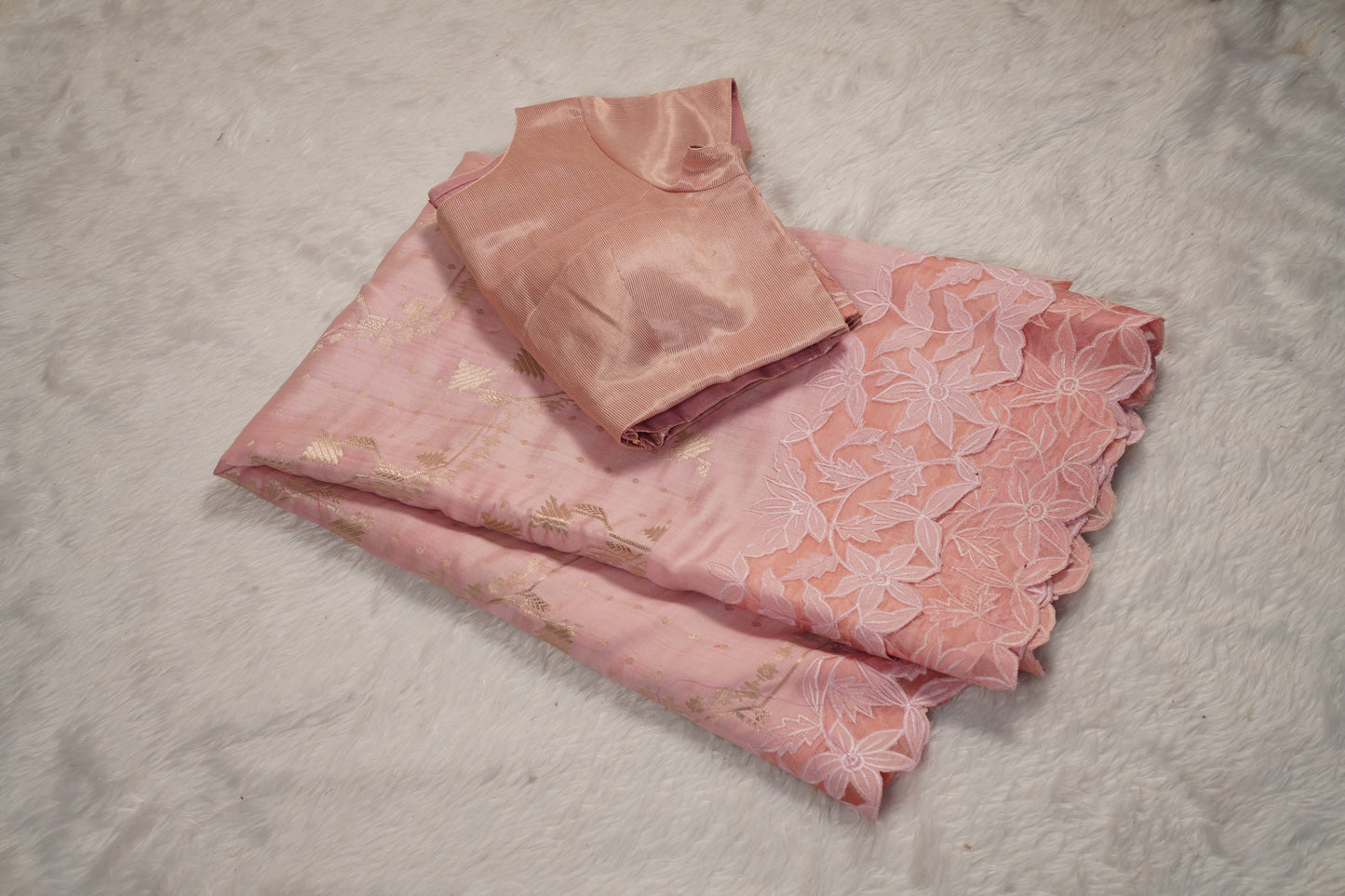 Tussar tissue Saree with a Self-Embroidery Border- Light Pink