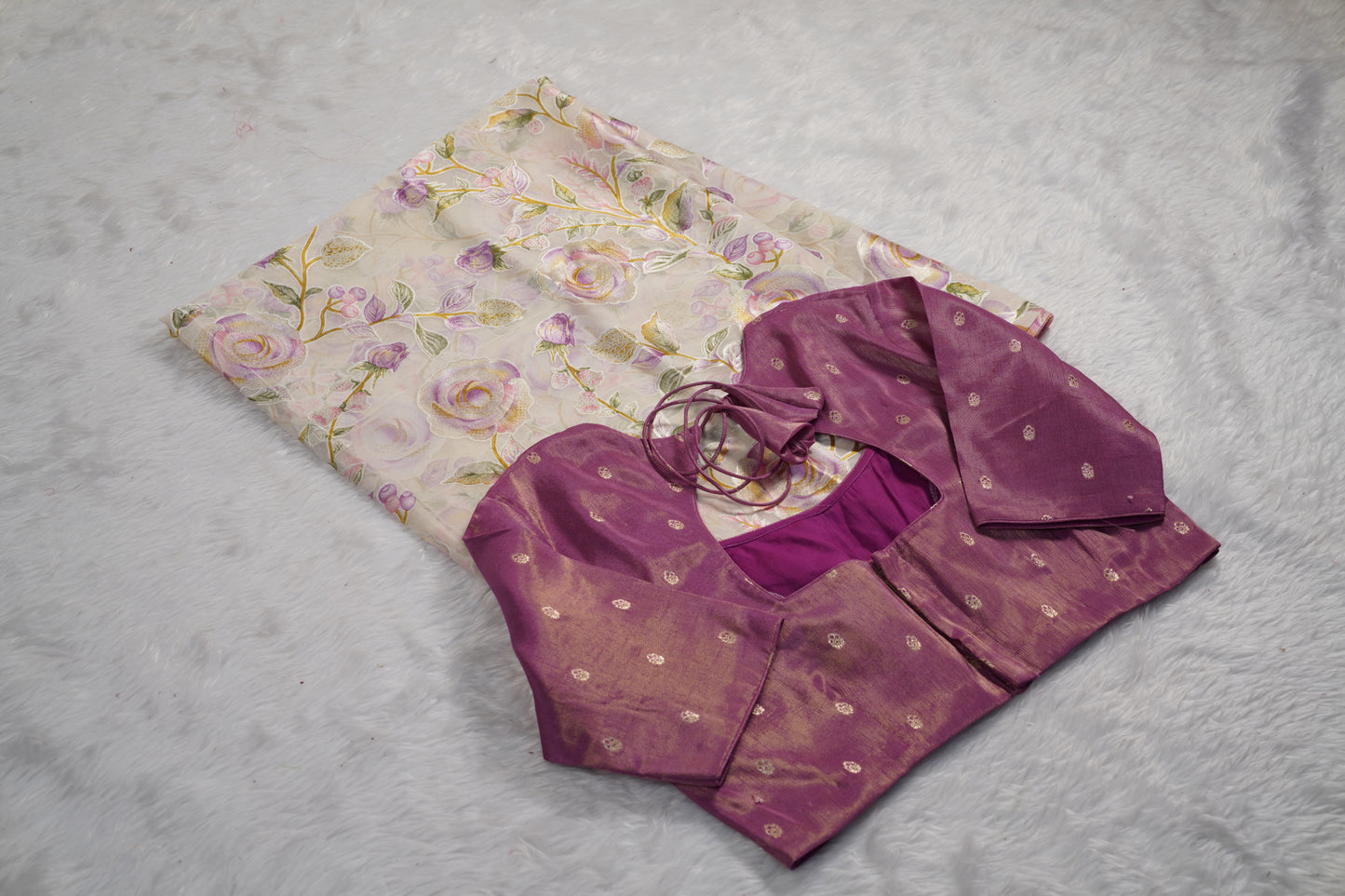 Floral Chinnon saree with butti blouse-Light Pink