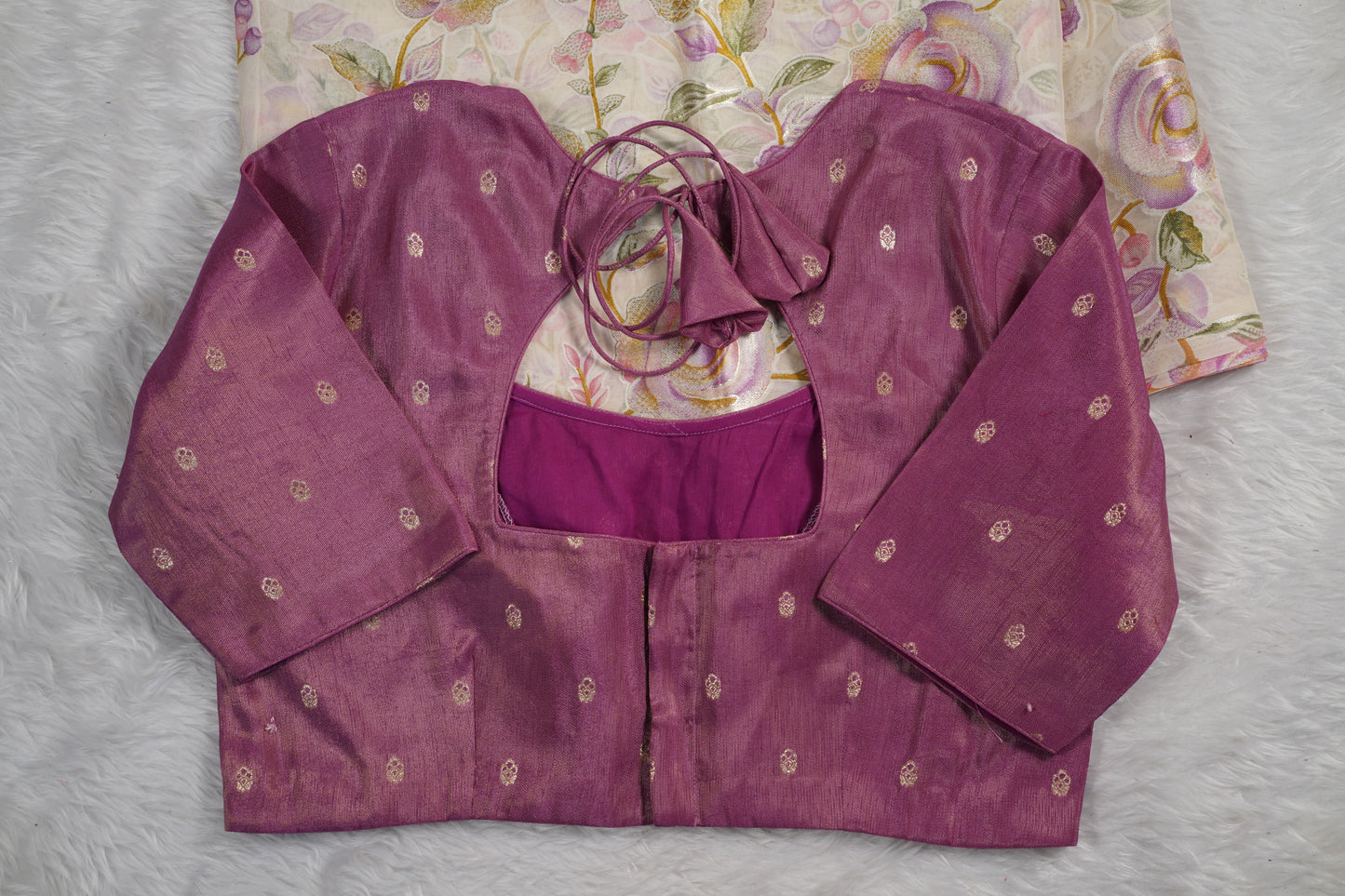 Floral Chinnon saree with butti blouse-Light Pink