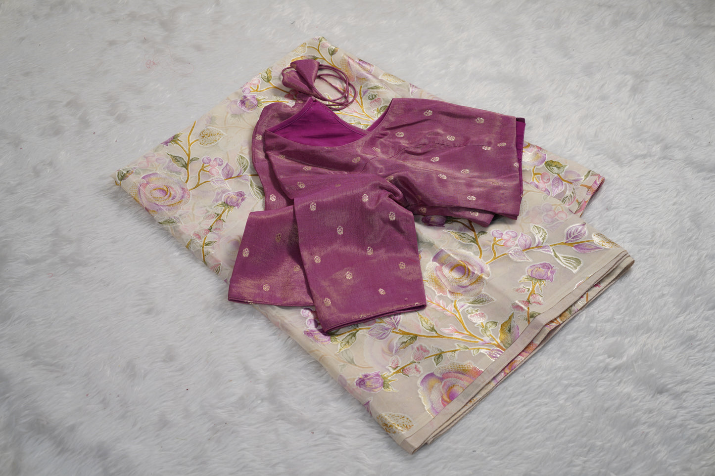 Floral Chinnon saree with butti blouse-Light Pink