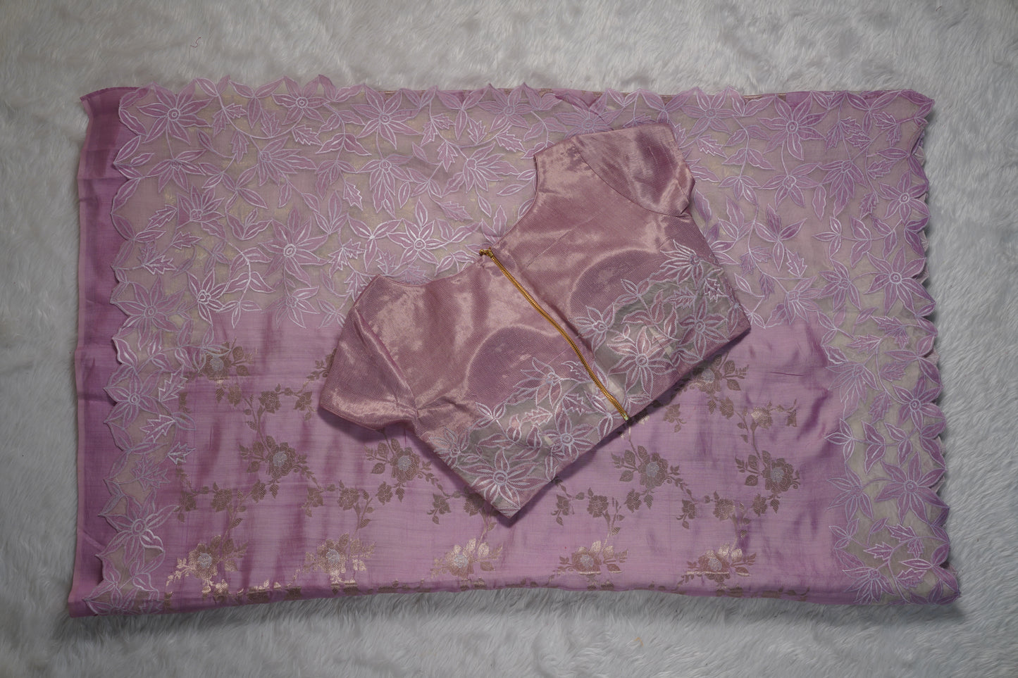 Tussar tissue Saree with a Self-Embroidery Border- Lavender
