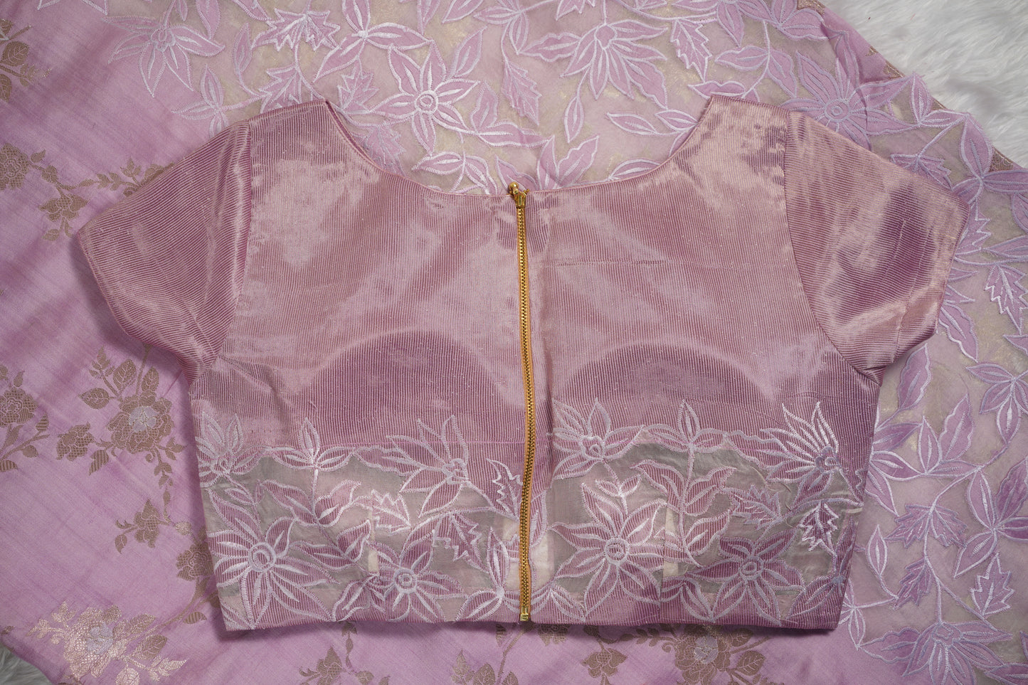 Tussar tissue Saree with a Self-Embroidery Border- Lavender