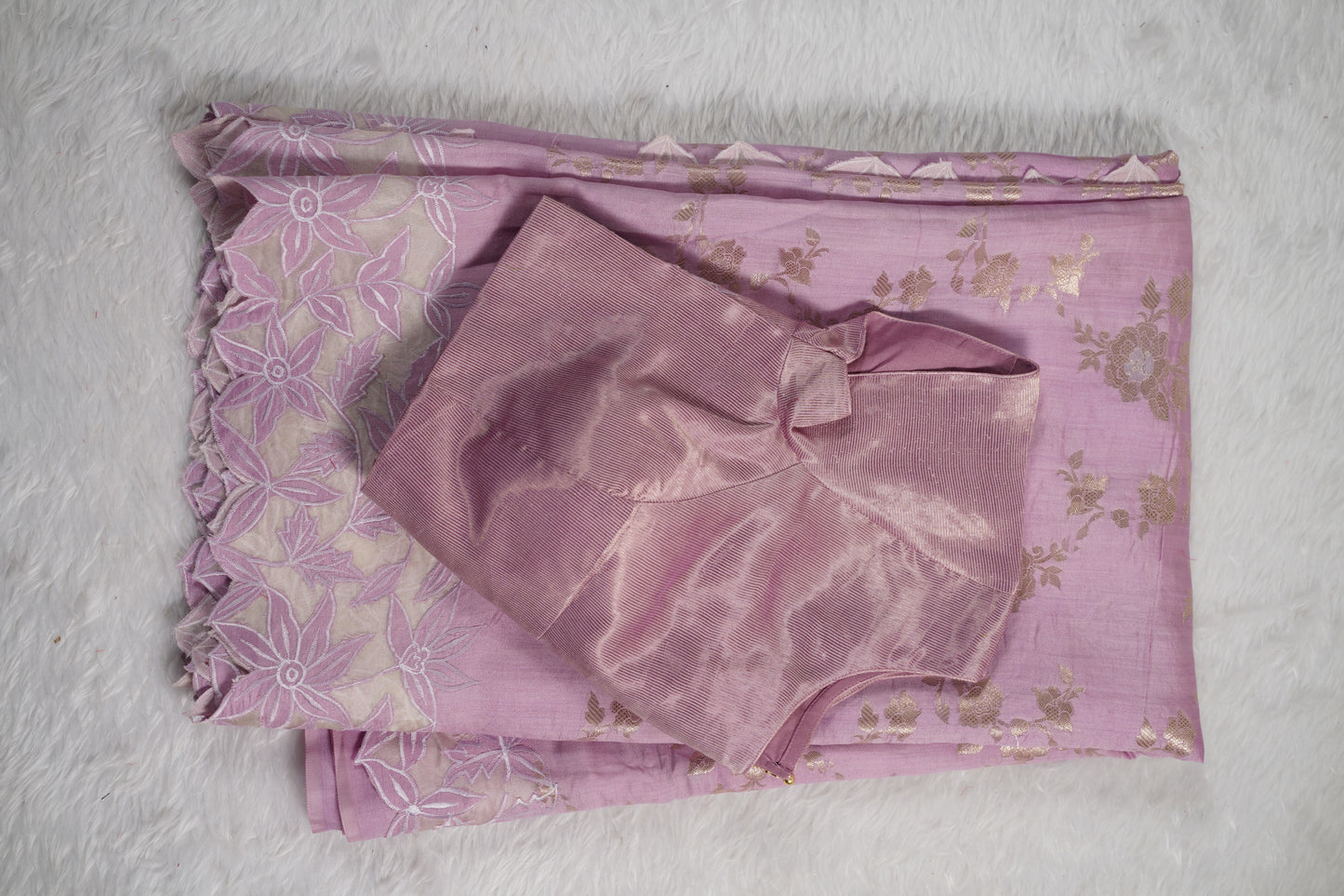 Tussar tissue Saree with a Self-Embroidery Border- Lavender