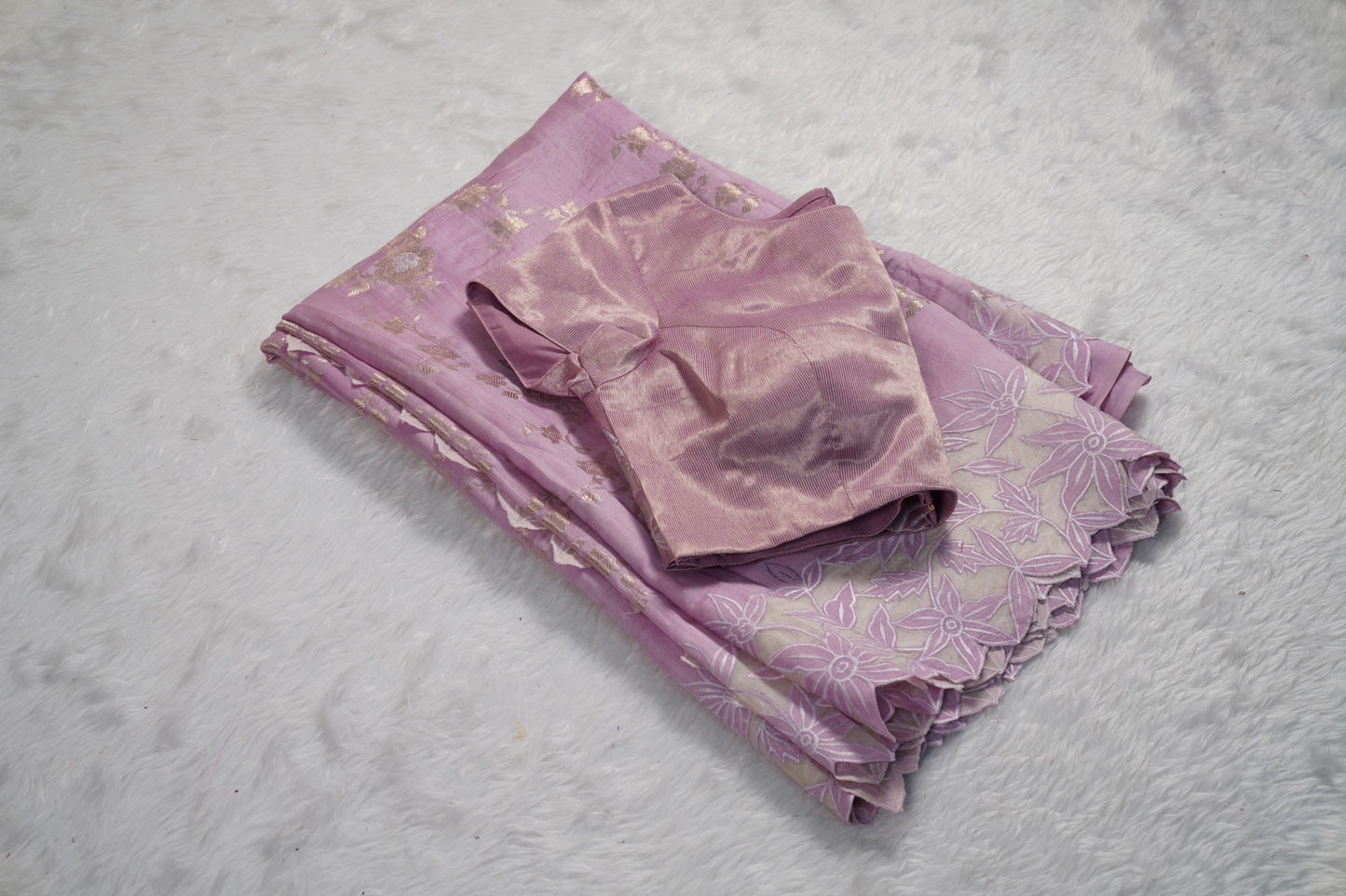 Tussar tissue Saree with a Self-Embroidery Border- Lavender
