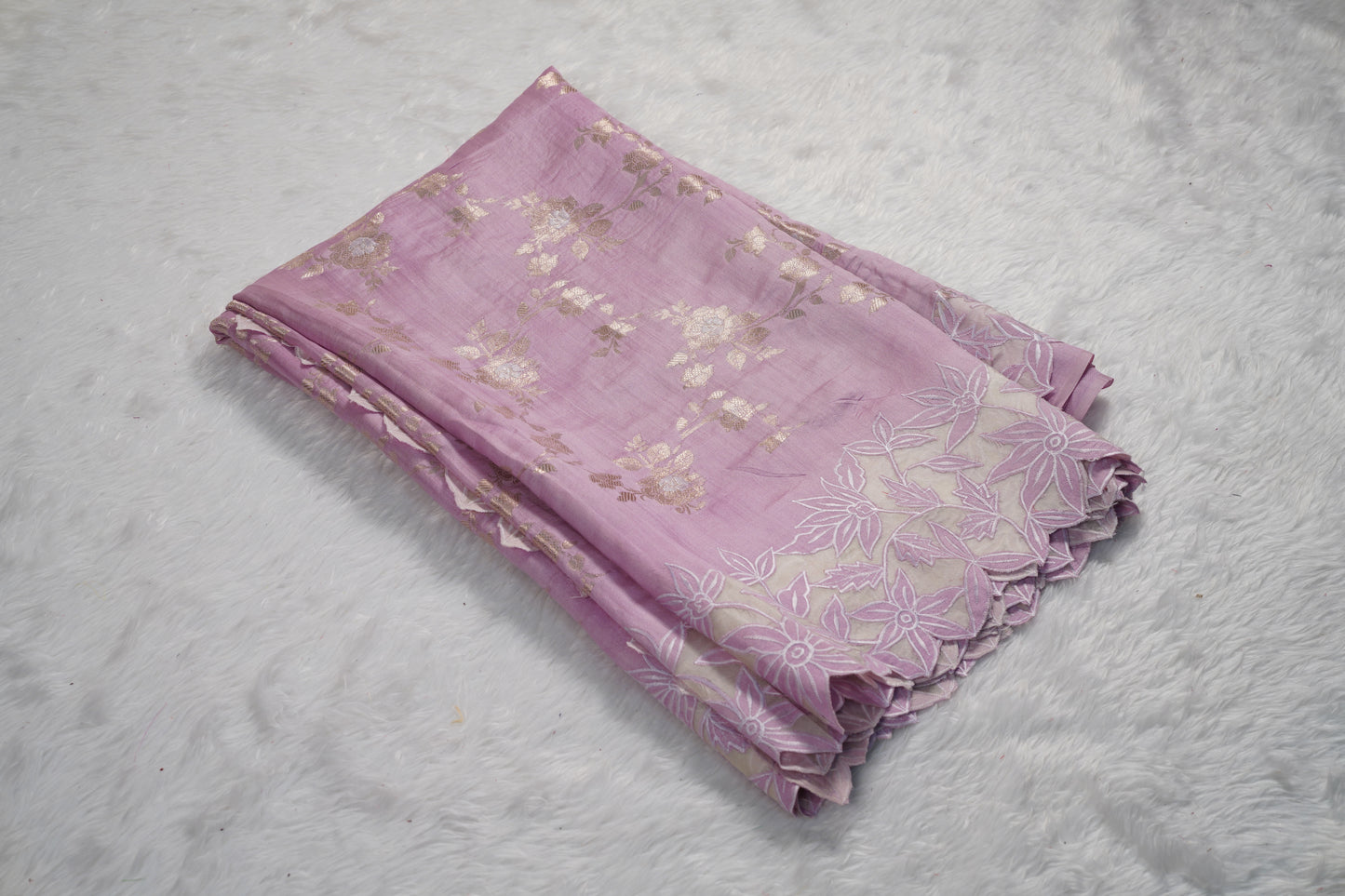 Tussar tissue Saree with a Self-Embroidery Border- Lavender