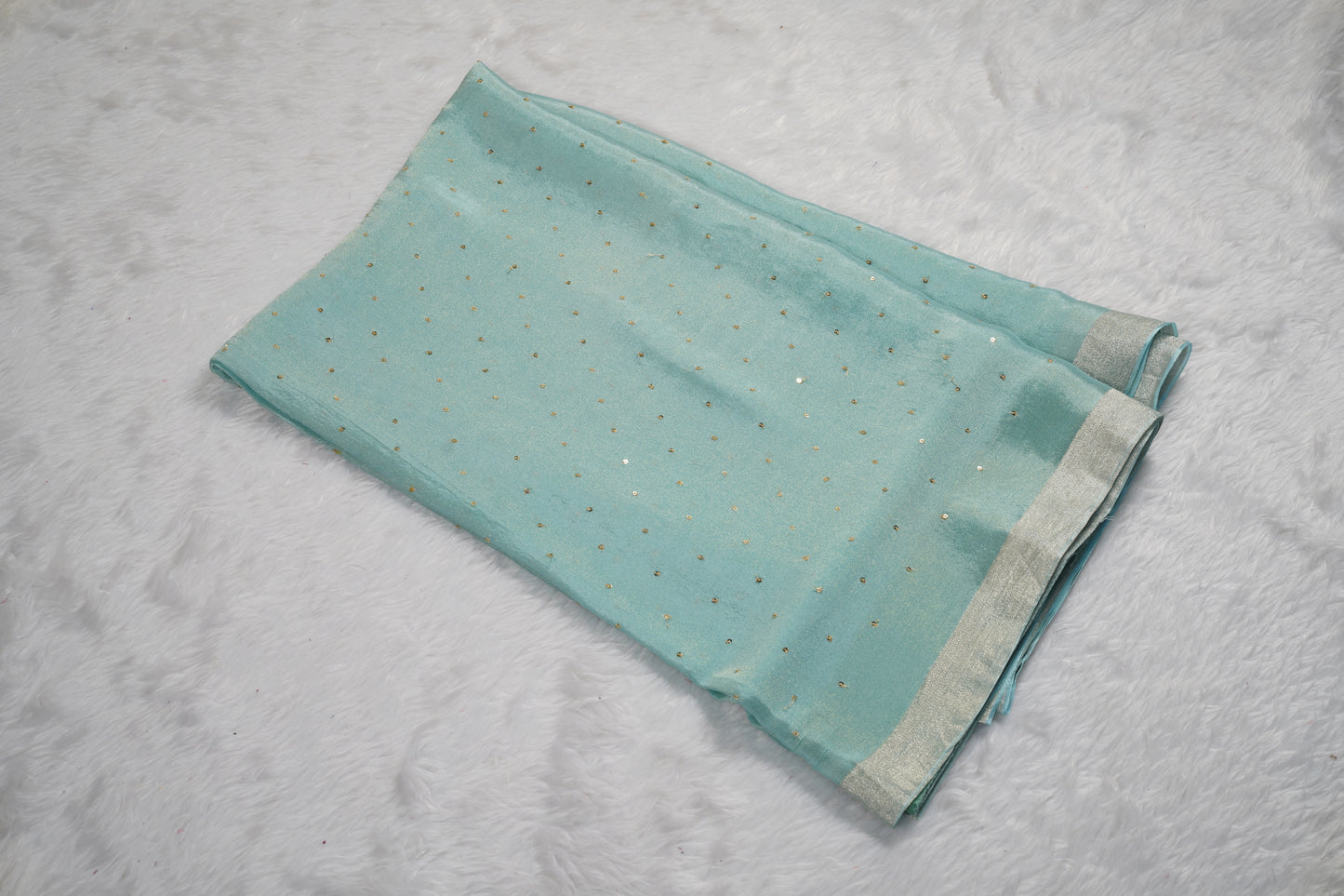 Chinnon Silk with mukesh work and floral blouse-Light Blue