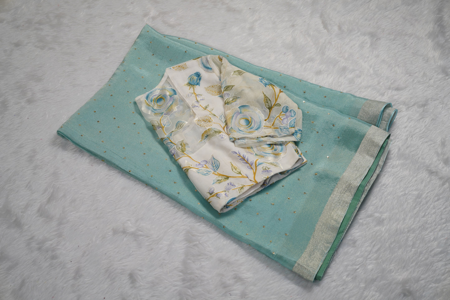 Chinnon Silk with mukesh work and floral blouse-Light Blue