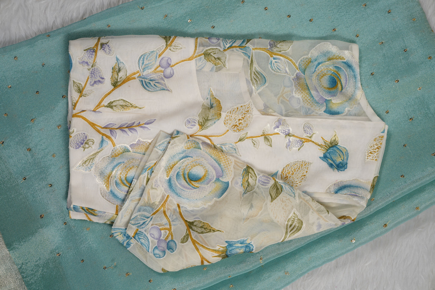 Chinnon Silk with mukesh work and floral blouse-Light Blue