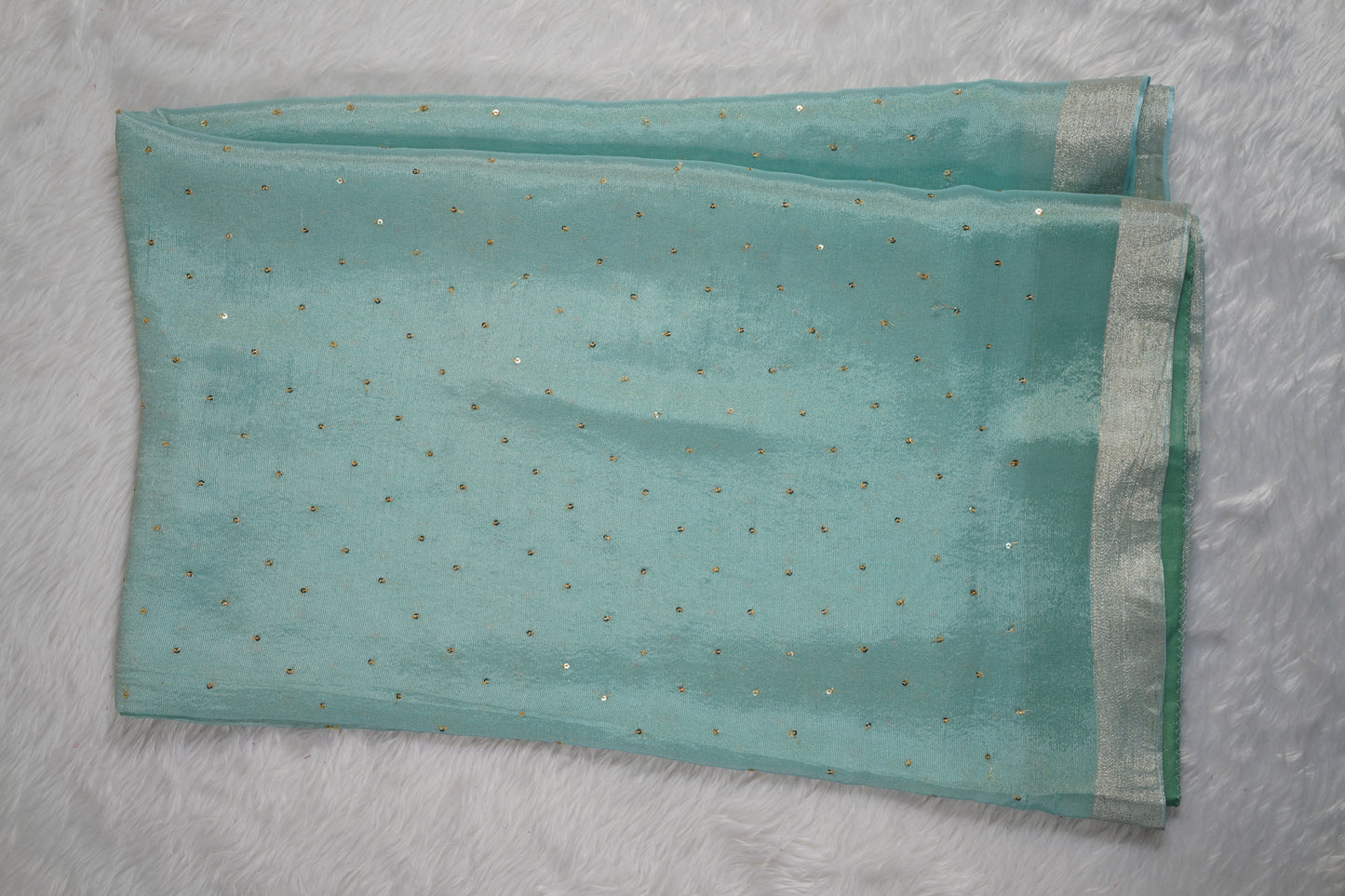 Chinnon Silk with mukesh work and floral blouse-Light Blue