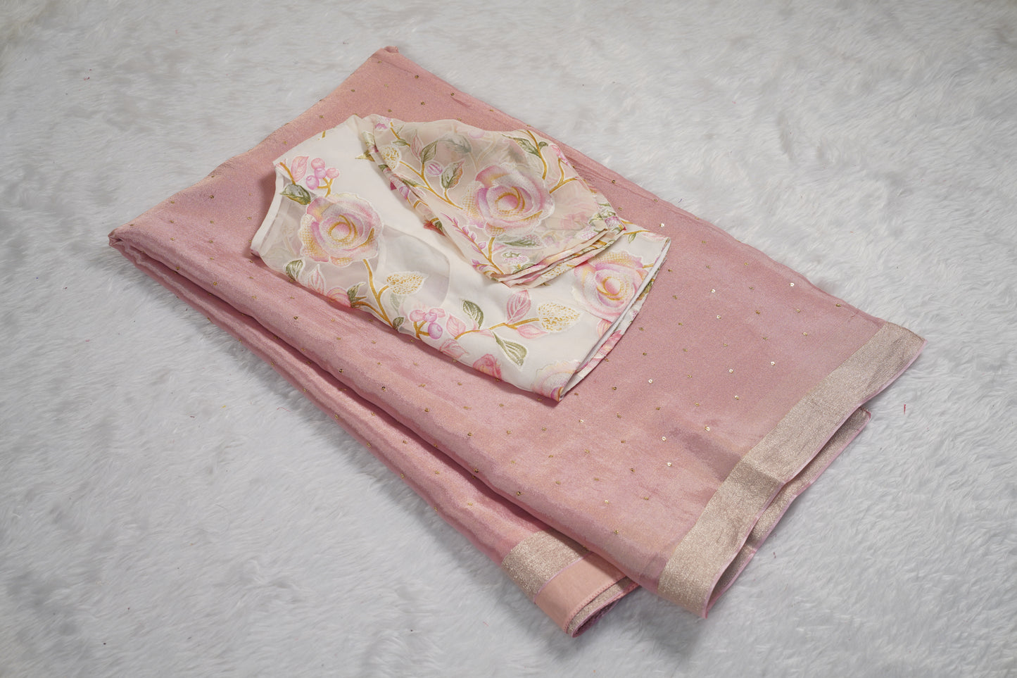 Chinnon Silk with mukesh work and floral blouse-Light Pink