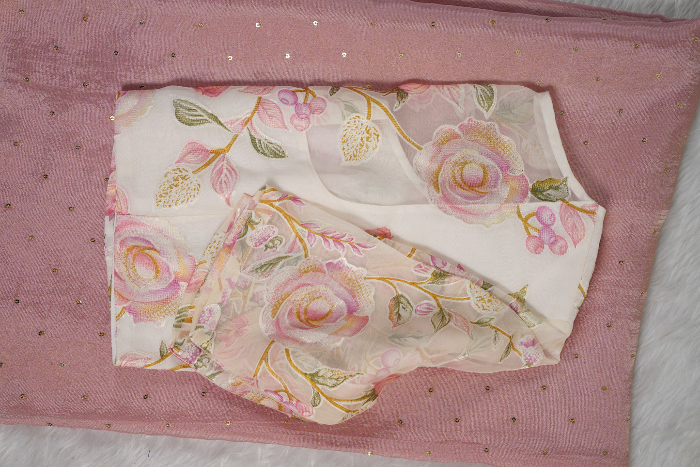 Chinnon Silk with mukesh work and floral blouse-Light Pink
