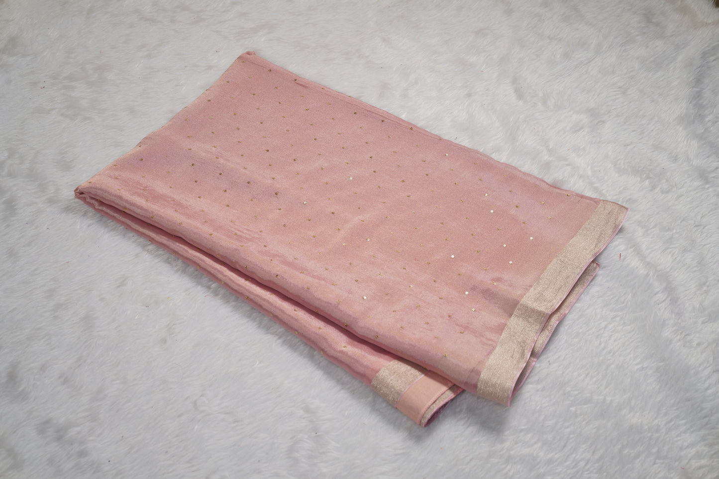 Chinnon Silk with mukesh work and floral blouse-Light Pink