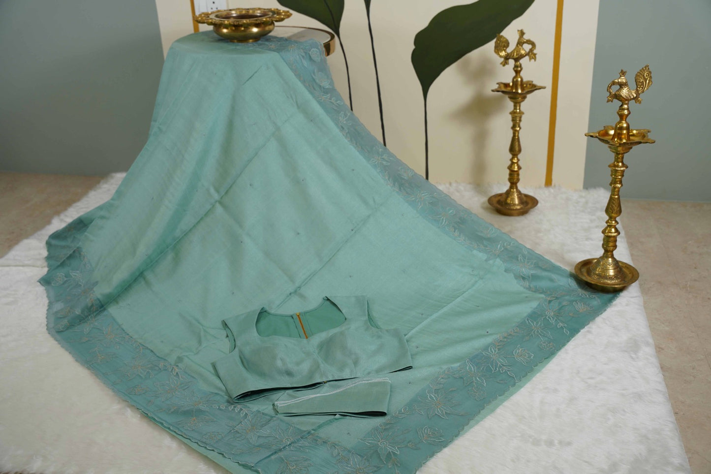 Tussar Applique Organza Border Saree in Light Green