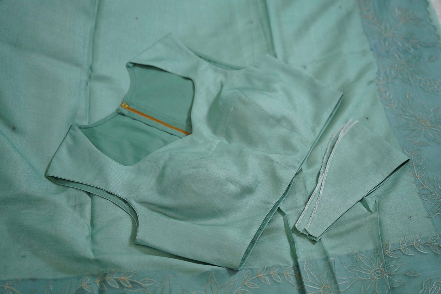 Tussar Applique Organza Border Saree in Light Green