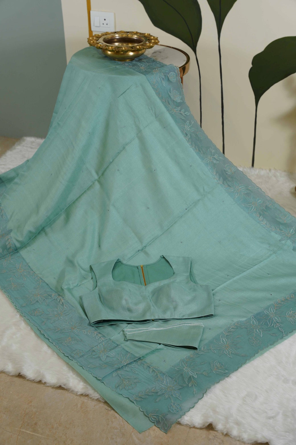 Tussar Applique Organza Border Saree in Light Green