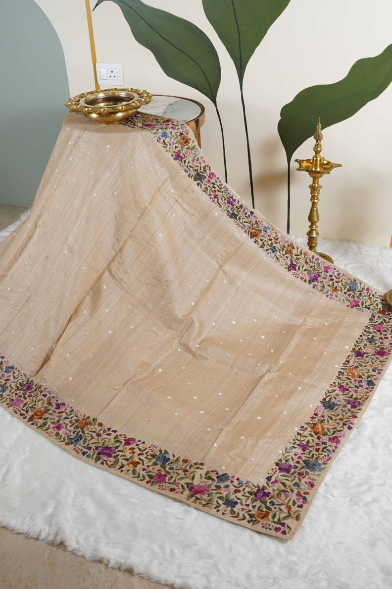 Tussar Beige with parsi ghara work