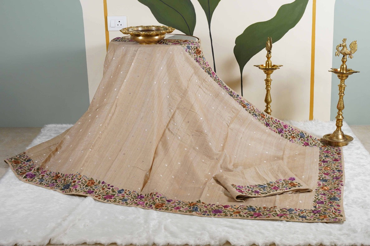 Tussar Beige with parsi ghara work