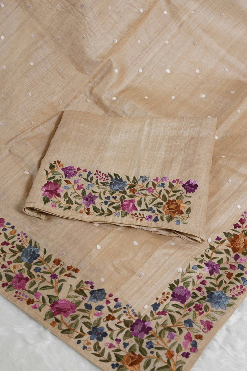 Tussar Beige with parsi ghara work