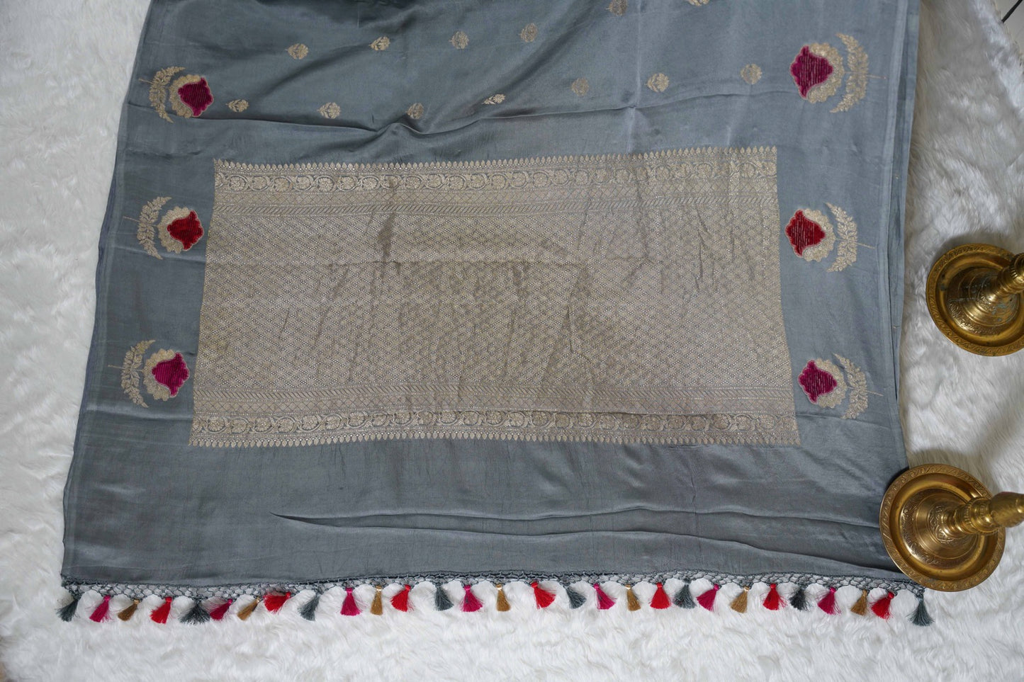 Grey Banaras Mashru with velvet motifs