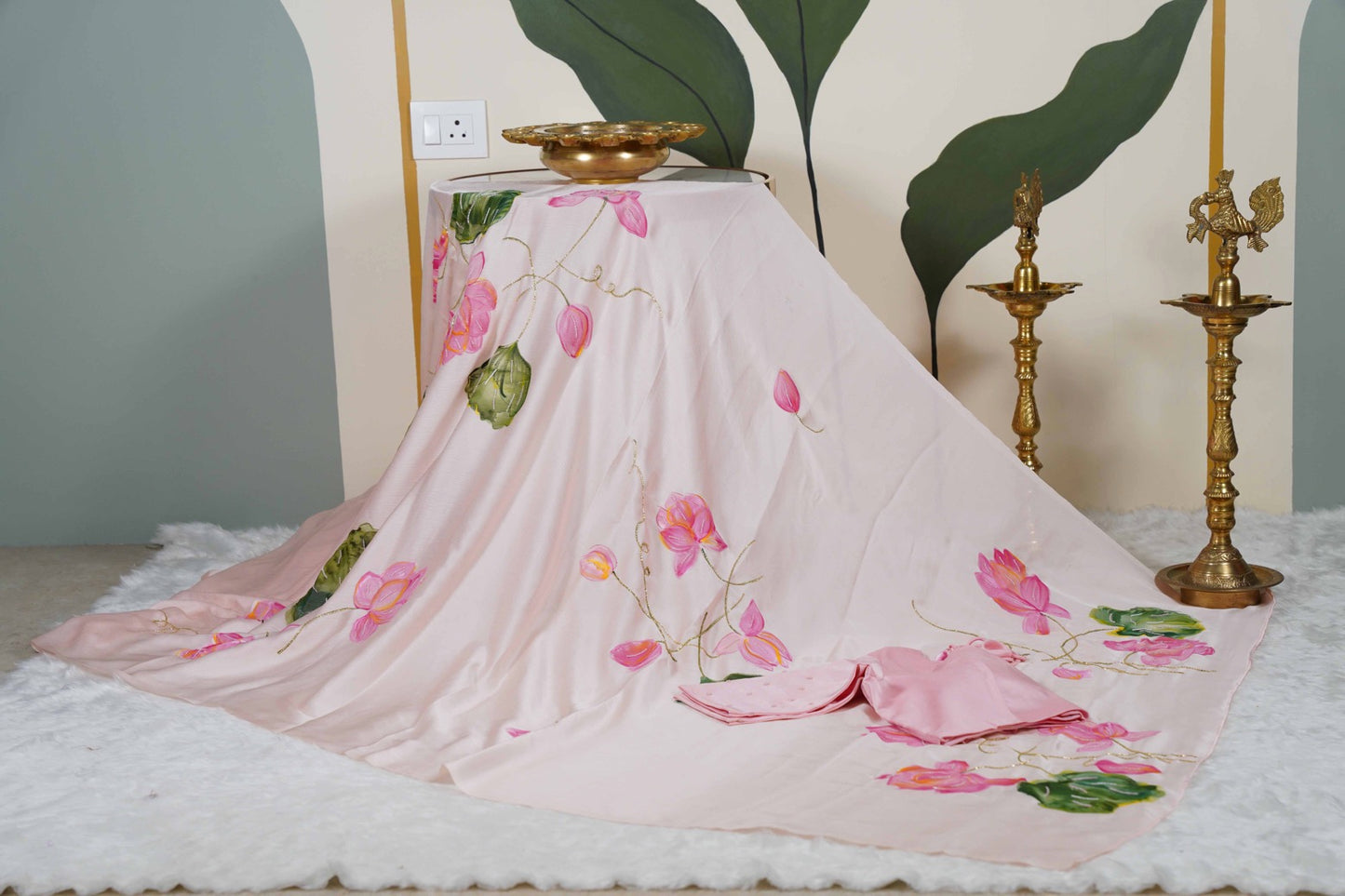 Lotus Painted Shimoye Chinon Peachish Pink Saree
