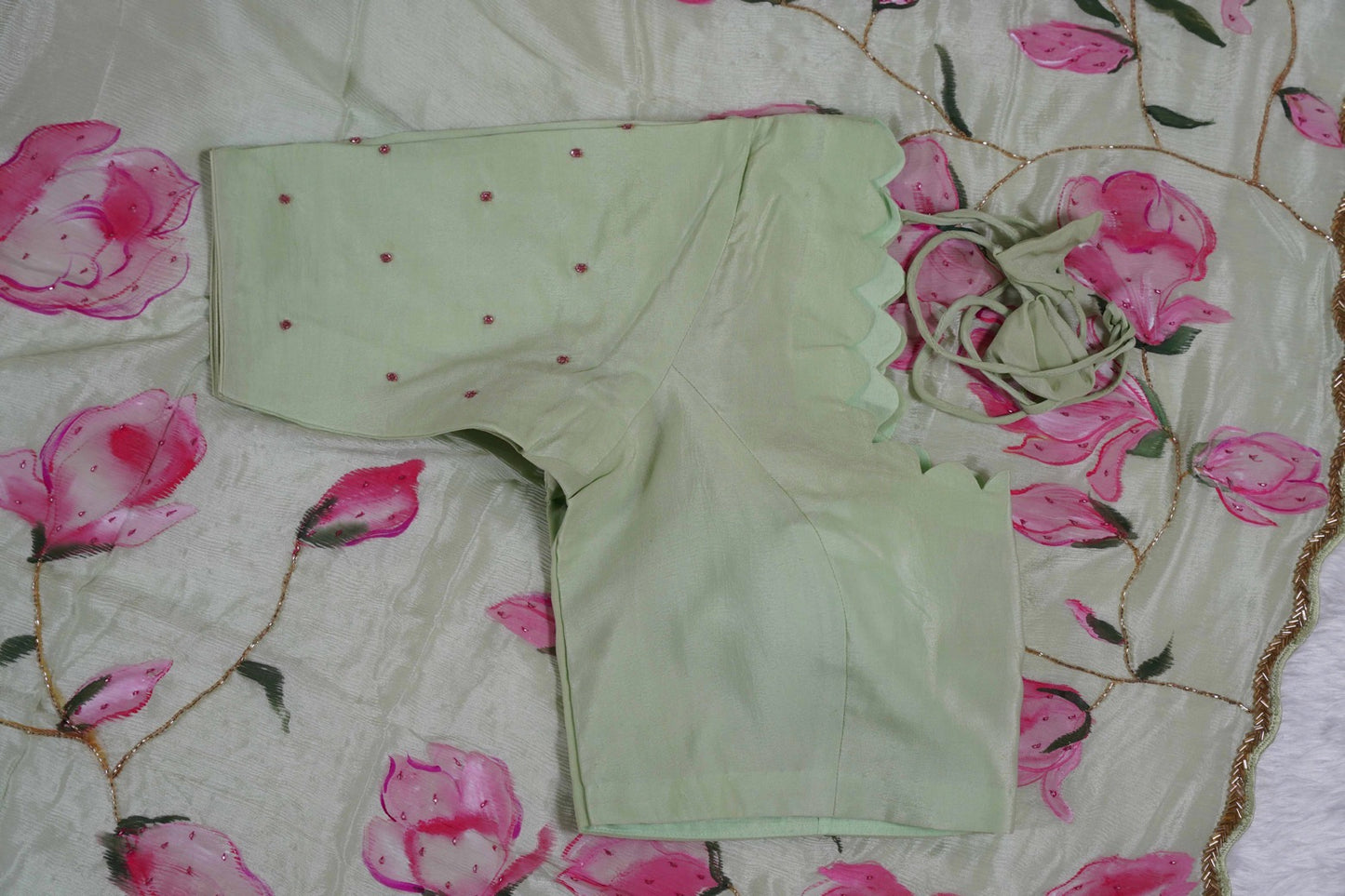 Magnolia Painted Chinon Chiffon Saree in Pastel Green