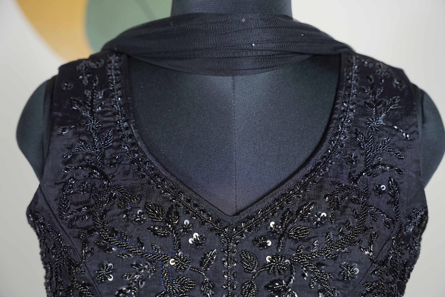 Black Long Dress with Black Beads work