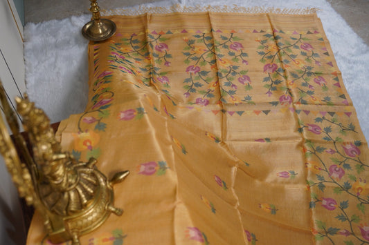Falling Tussar Jamdani Saree in Butter Yellow
