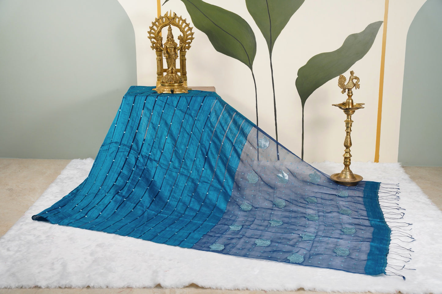 Matka Silk Shell Embroidery Teal Blue Saree