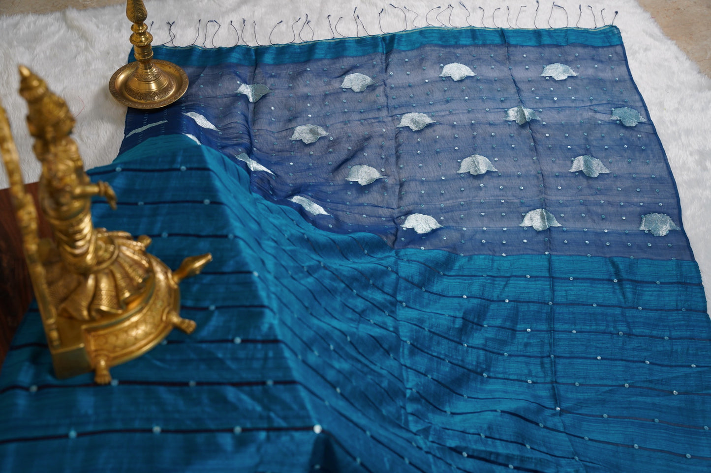 Matka Silk Shell Embroidery Teal Blue Saree