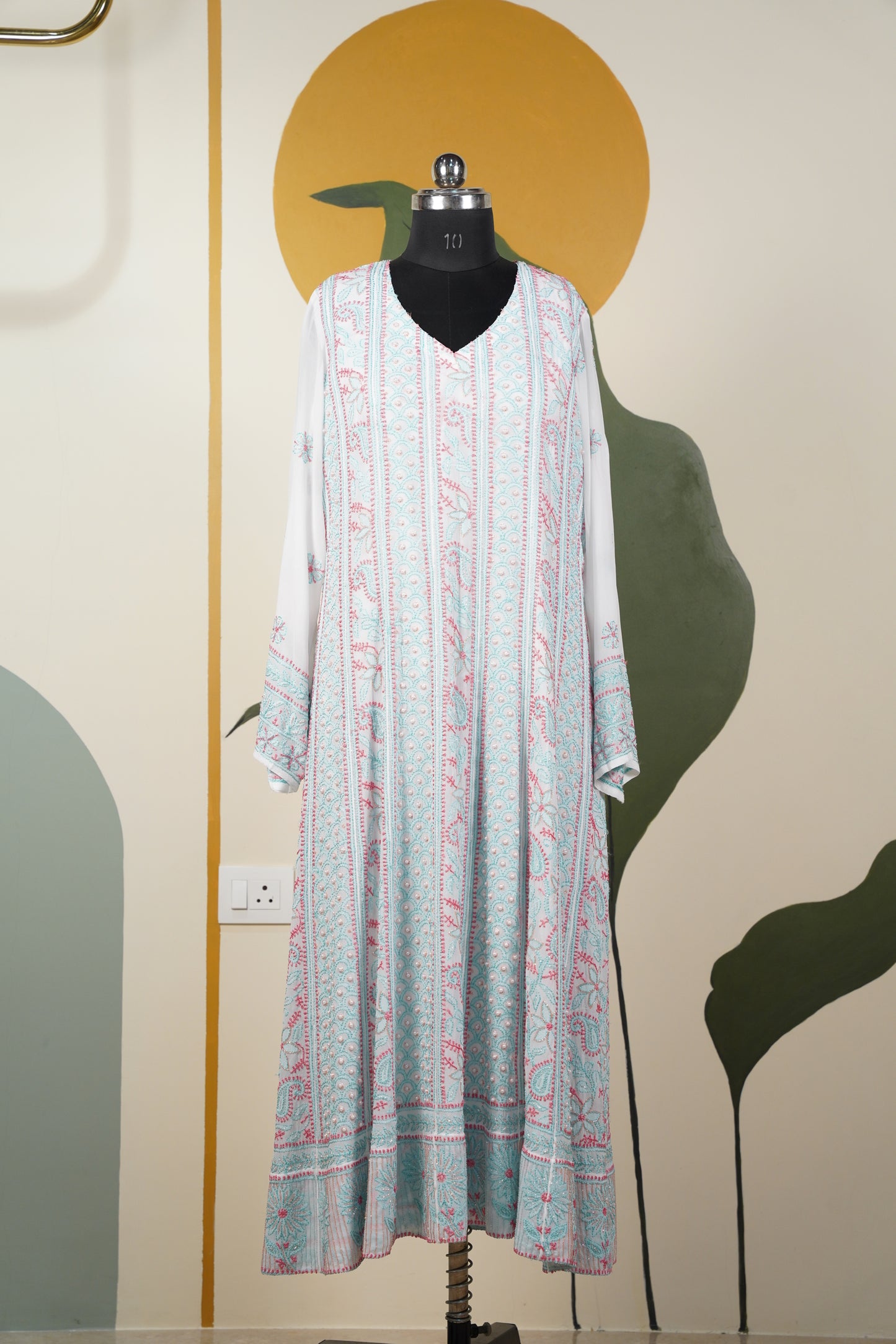 Pink and Teal Blue Chikankari Dress-A Pure Georgette