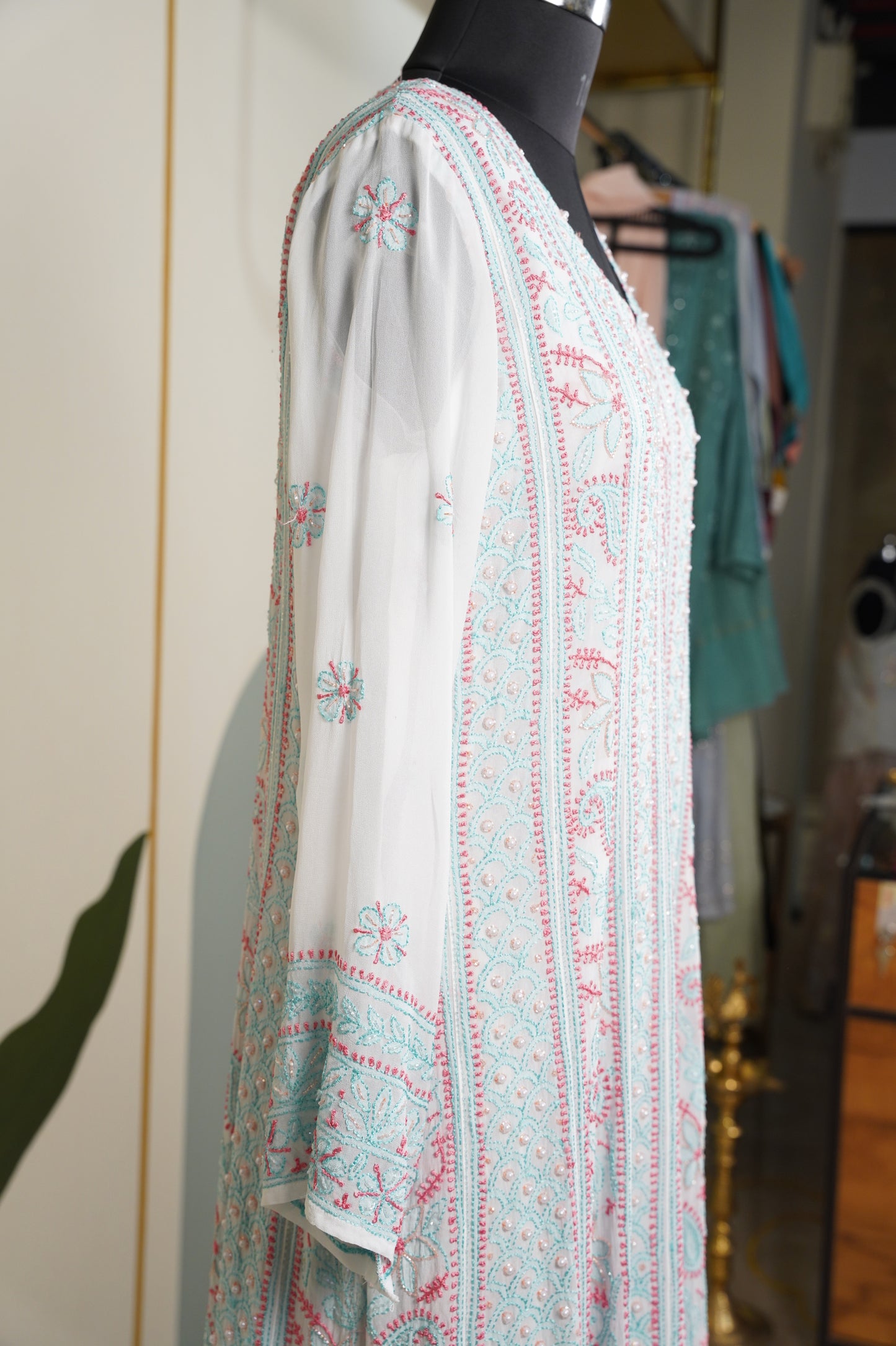 Pink and Teal Blue Chikankari Dress-A Pure Georgette