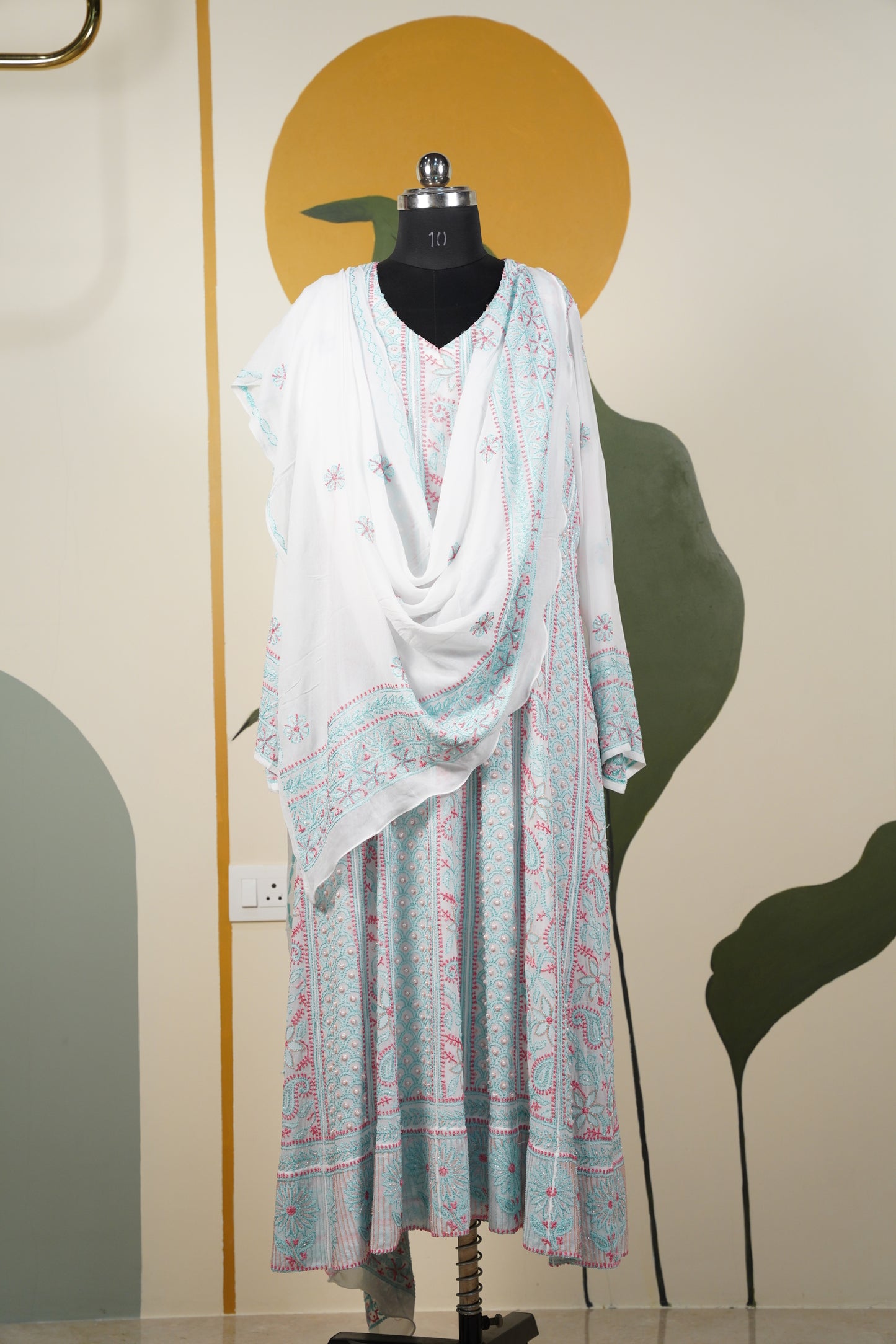 Pink and Teal Blue Chikankari Dress-A Pure Georgette