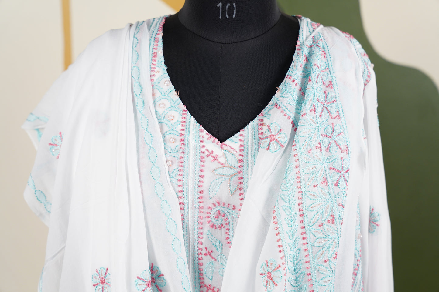 Pink and Teal Blue Chikankari Dress-A Pure Georgette