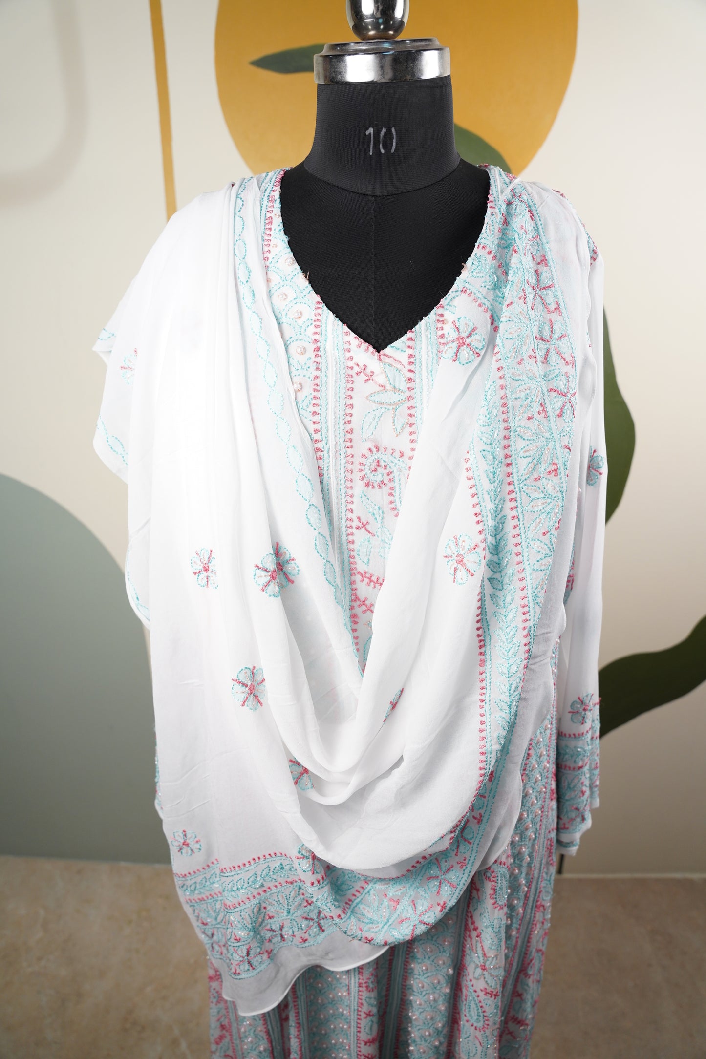 Pink and Teal Blue Chikankari Dress-A Pure Georgette