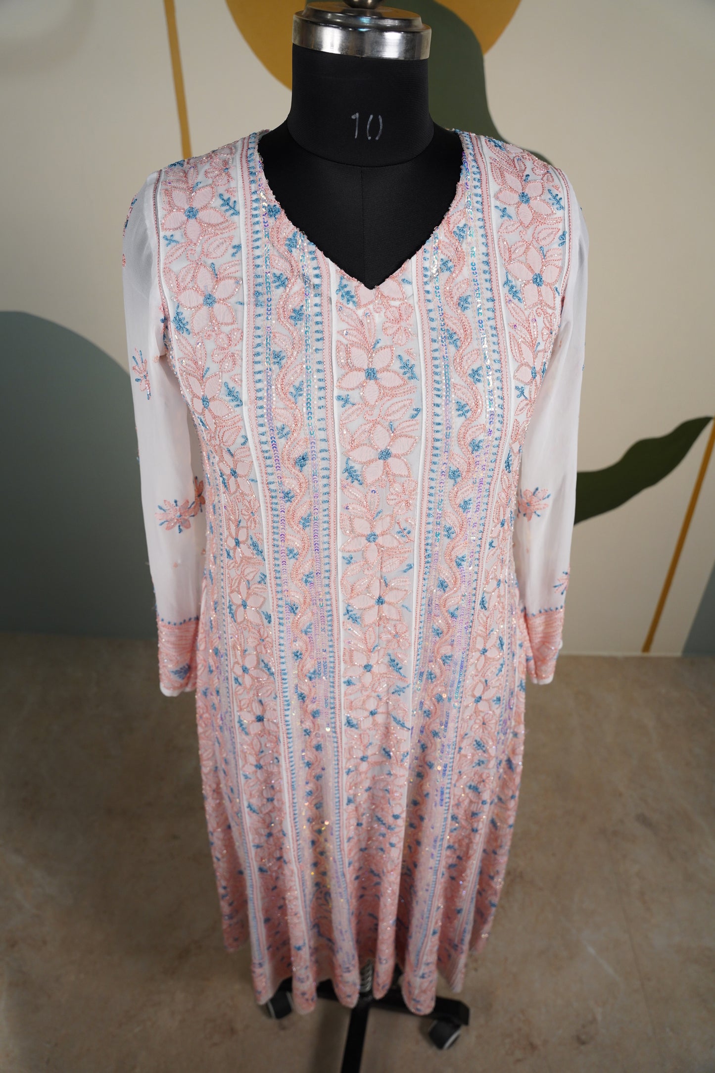 Peach and blue Chikankari Dress-A Pure Georgette