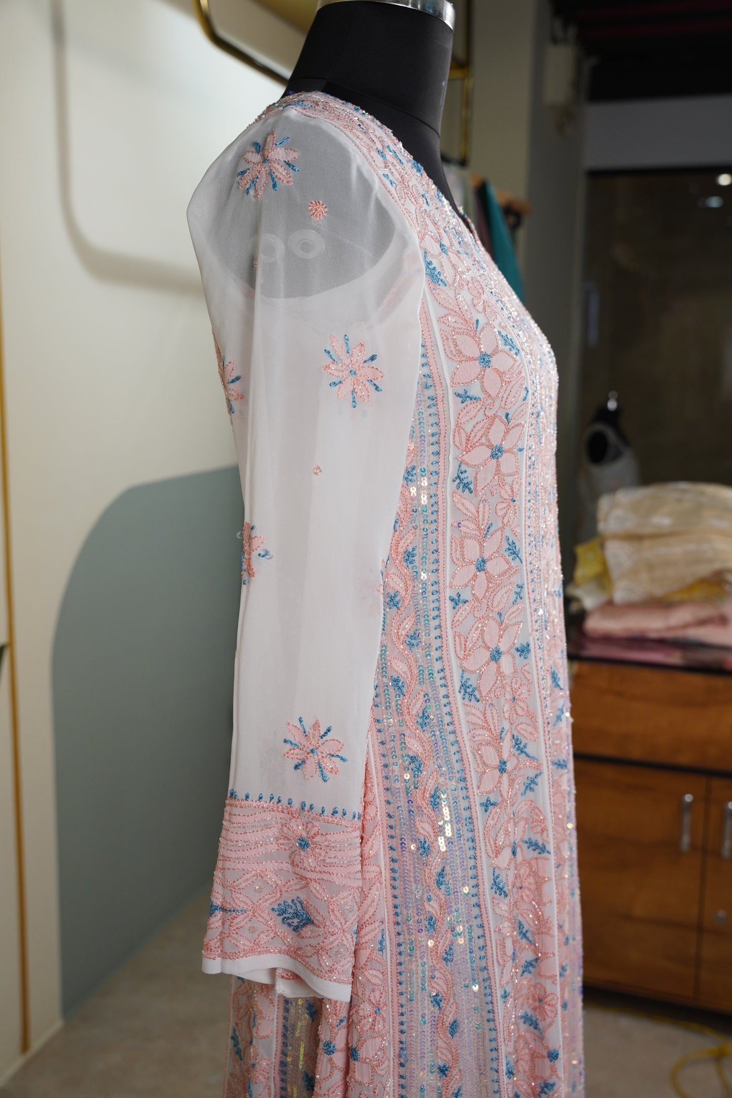 Peach and blue Chikankari Dress-A Pure Georgette