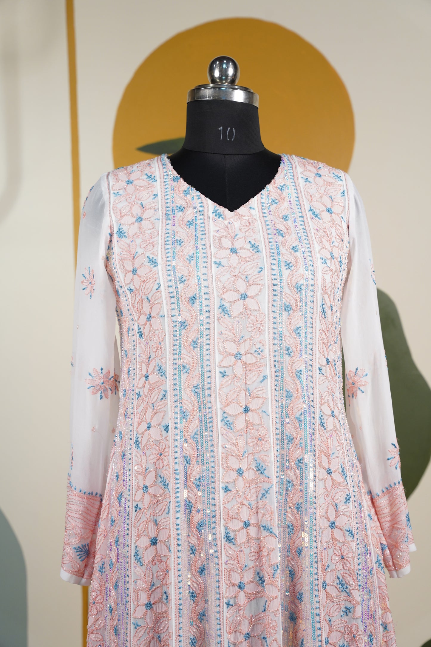 Peach and blue Chikankari Dress-A Pure Georgette