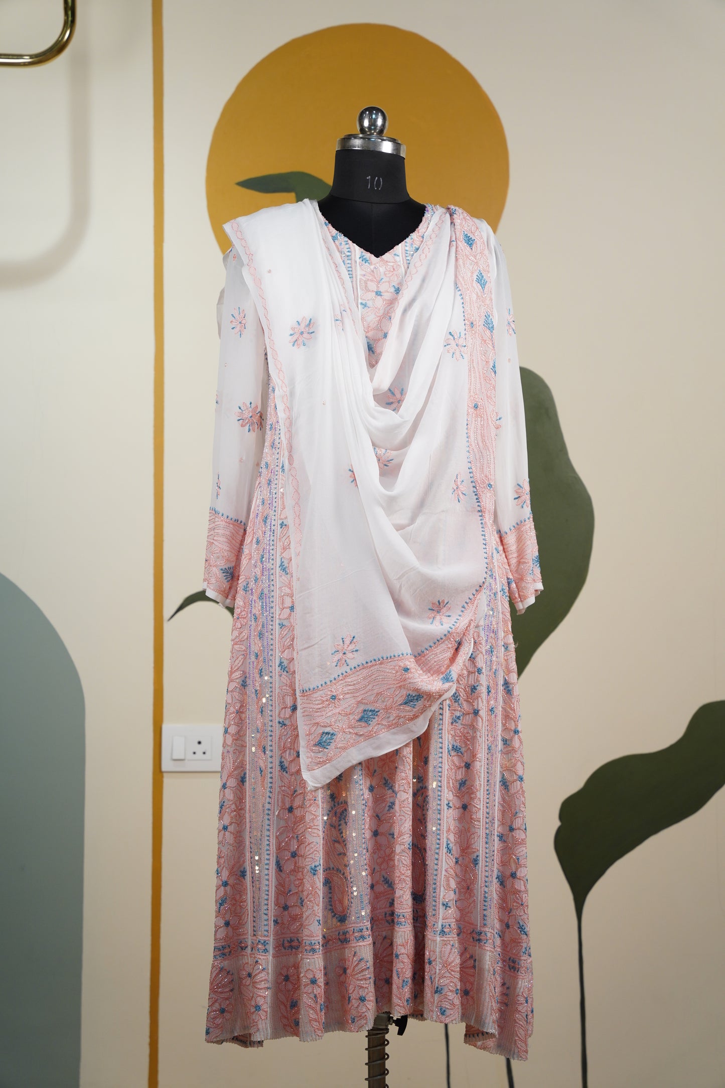 Peach and blue Chikankari Dress-A Pure Georgette