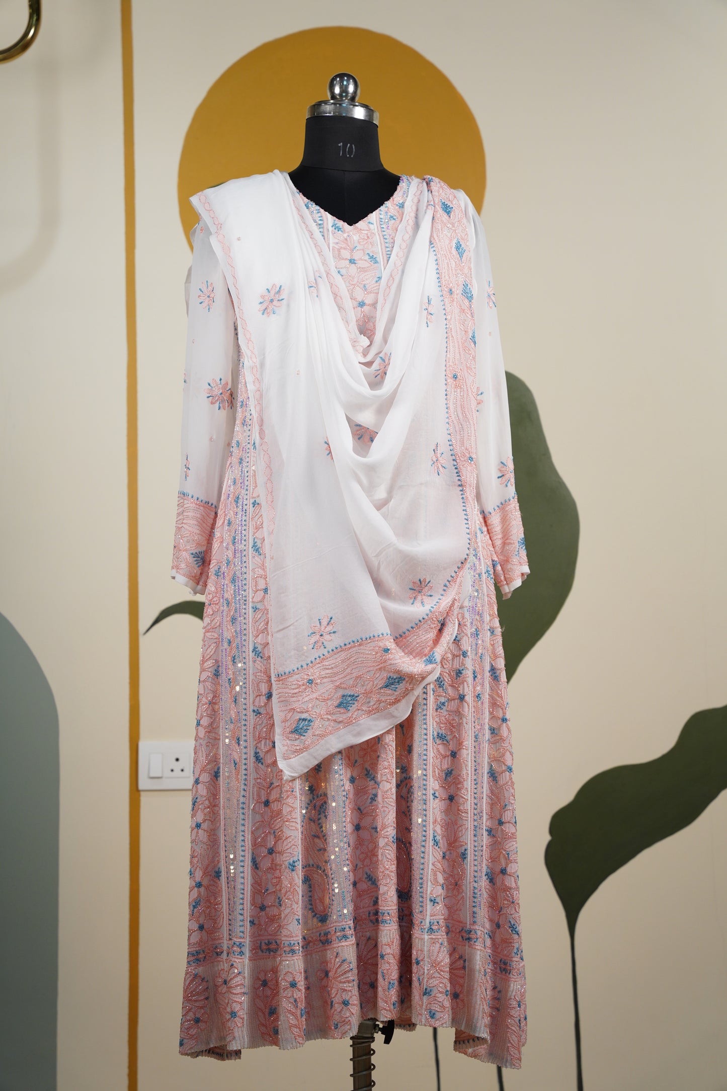 Peach and blue Chikankari Dress-A Pure Georgette
