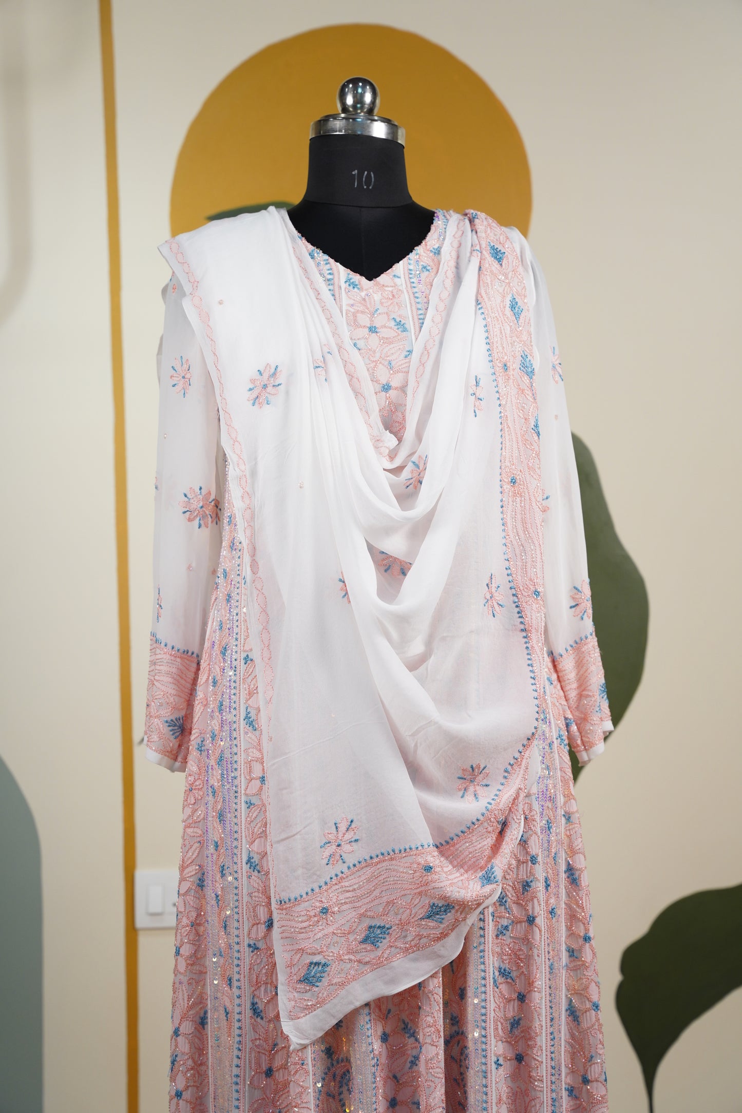Peach and blue Chikankari Dress-A Pure Georgette