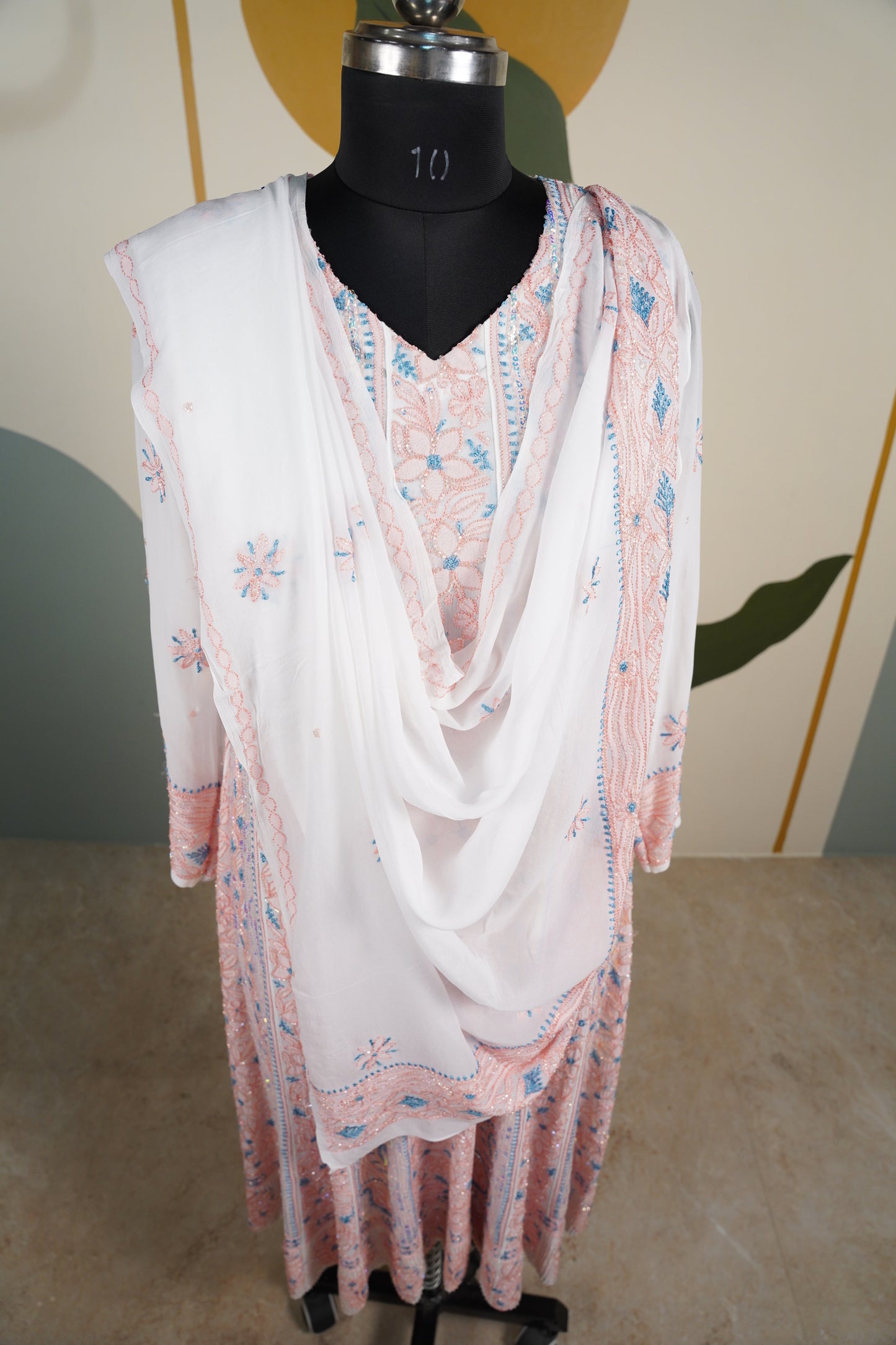 Peach and blue Chikankari Dress-A Pure Georgette
