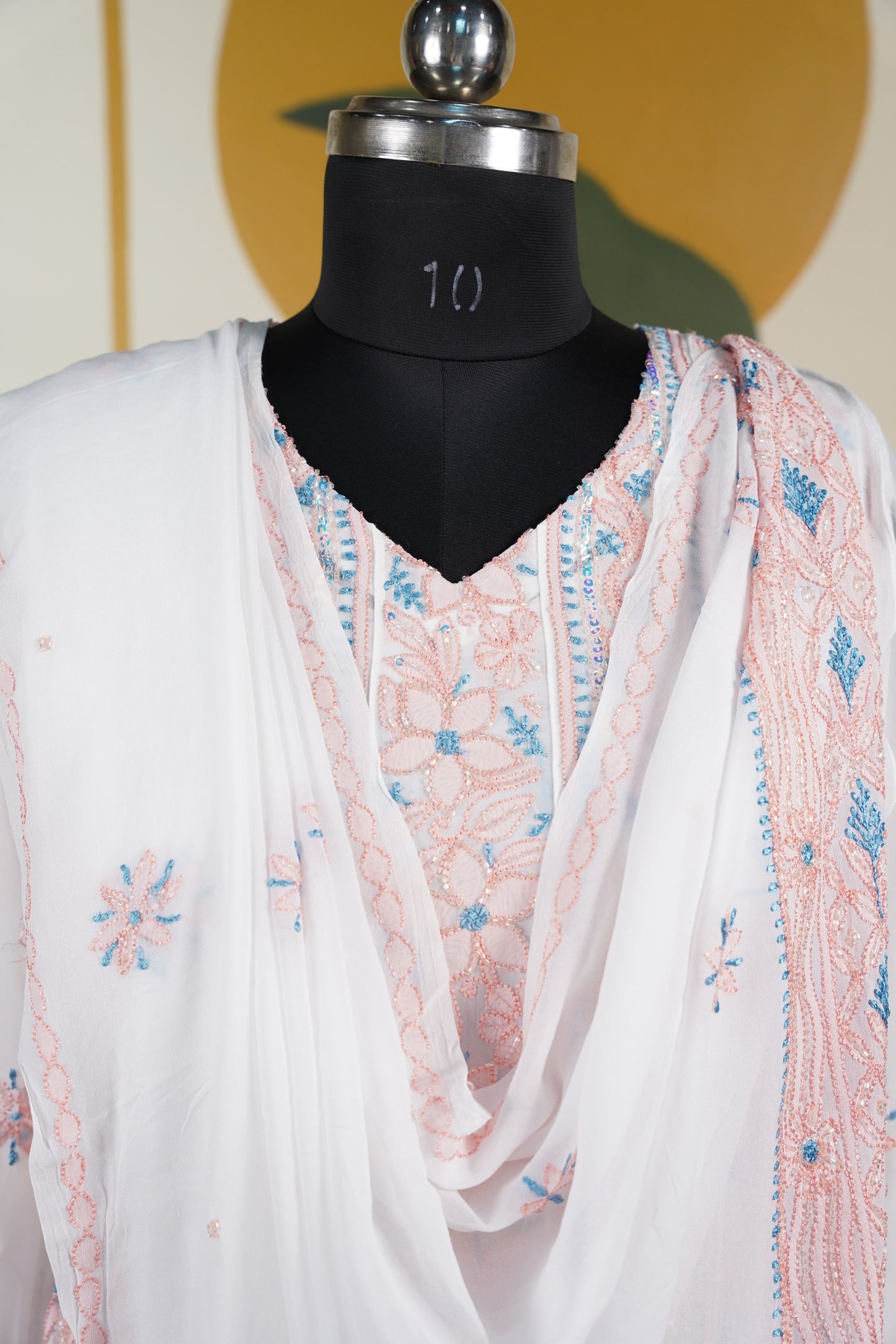 Peach and blue Chikankari Dress-A Pure Georgette