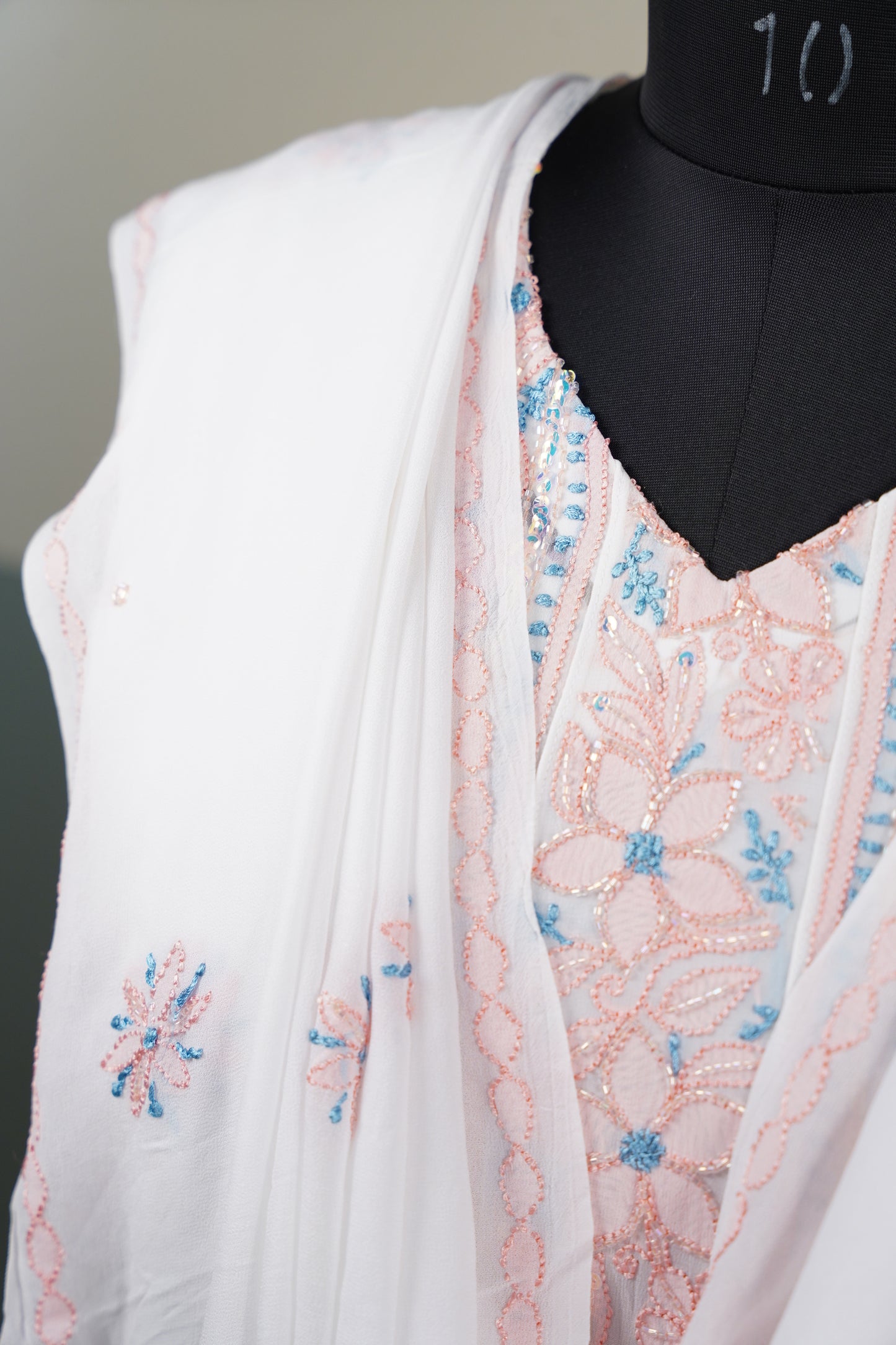 Peach and blue Chikankari Dress-A Pure Georgette