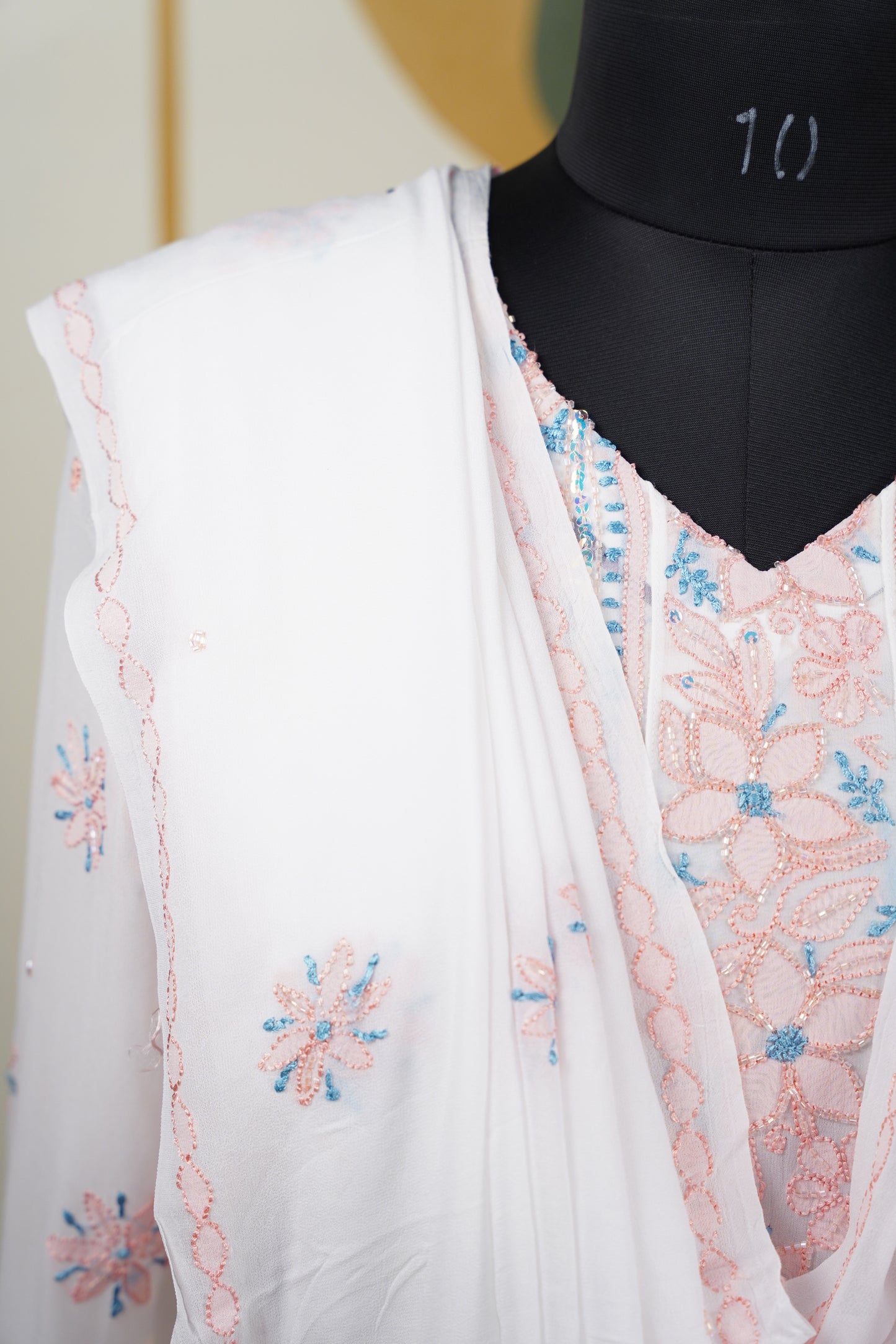 Peach and blue Chikankari Dress-A Pure Georgette
